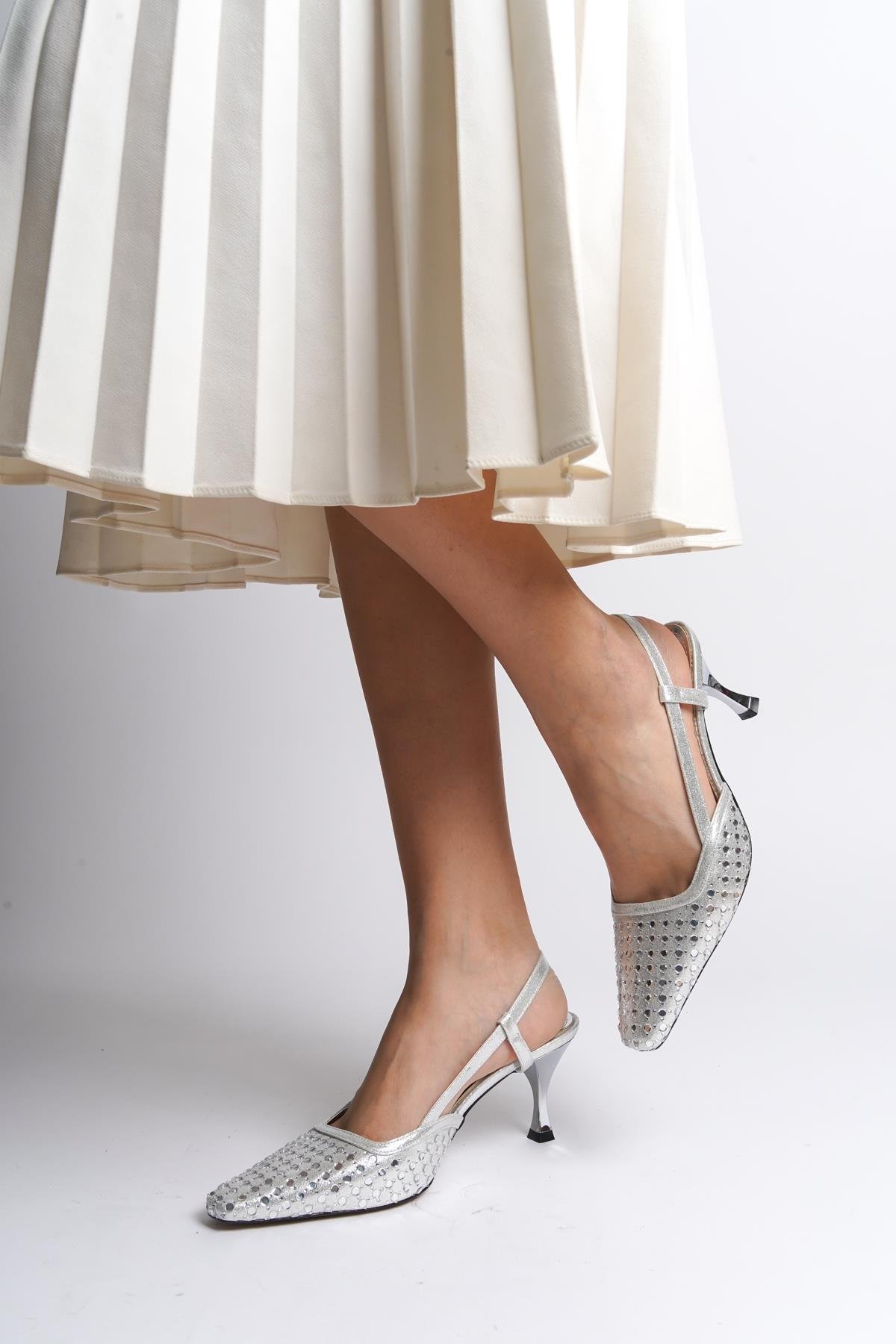 Capone Open Back Blunt Toe Crystal Embellished Mid Heeled Women Silver Shoes