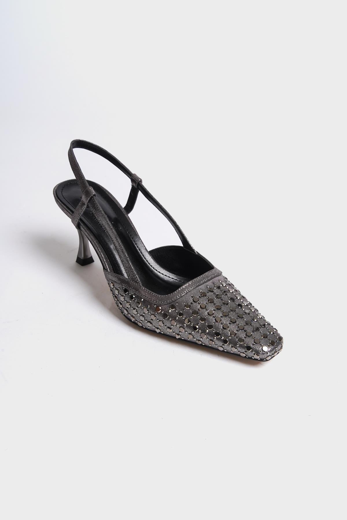 Capone Open Back Blunt Toe Crystal Embellished Mid Heeled Women Platinum Shoes