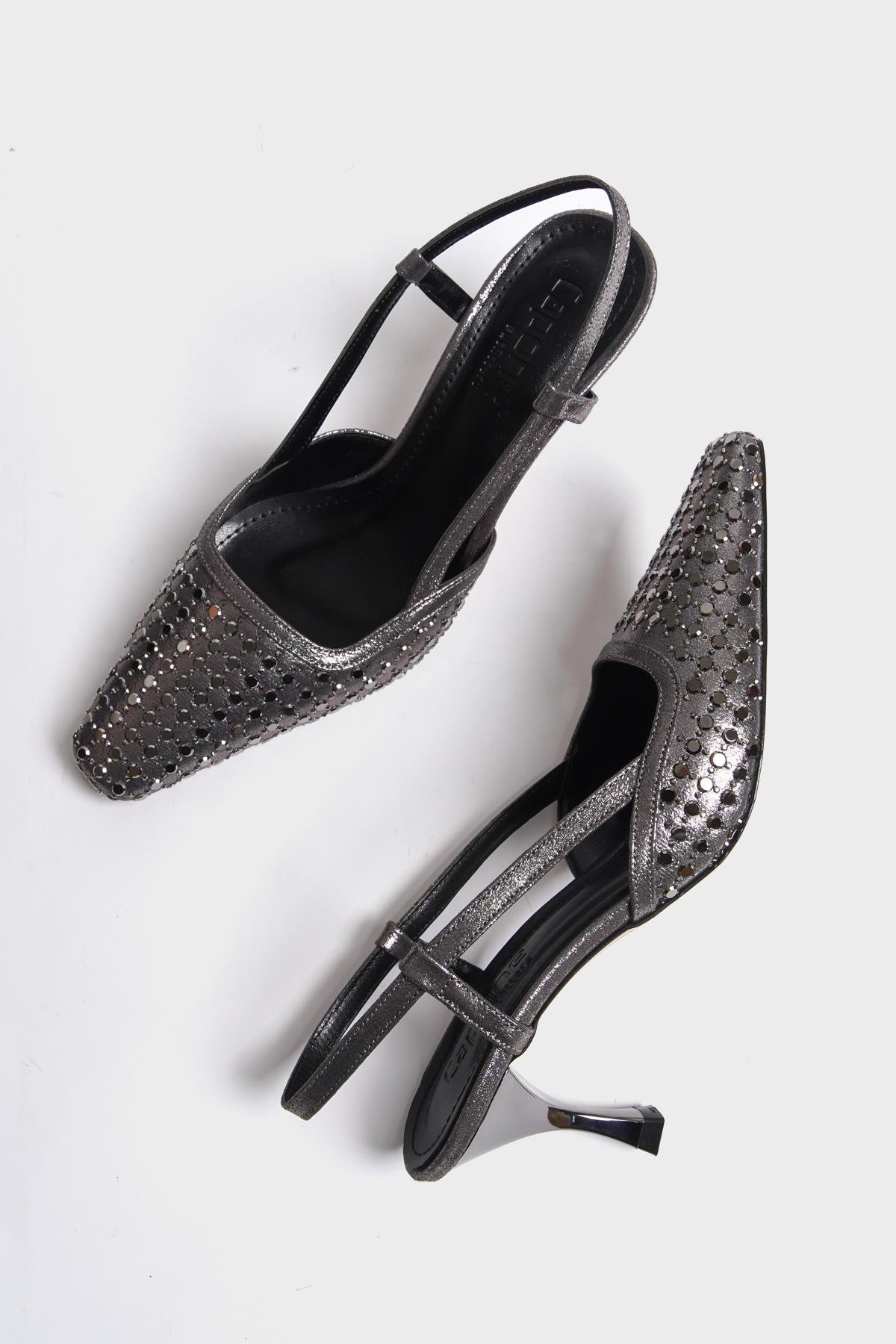 Capone Open Back Blunt Toe Crystal Embellished Mid Heeled Women Platinum Shoes