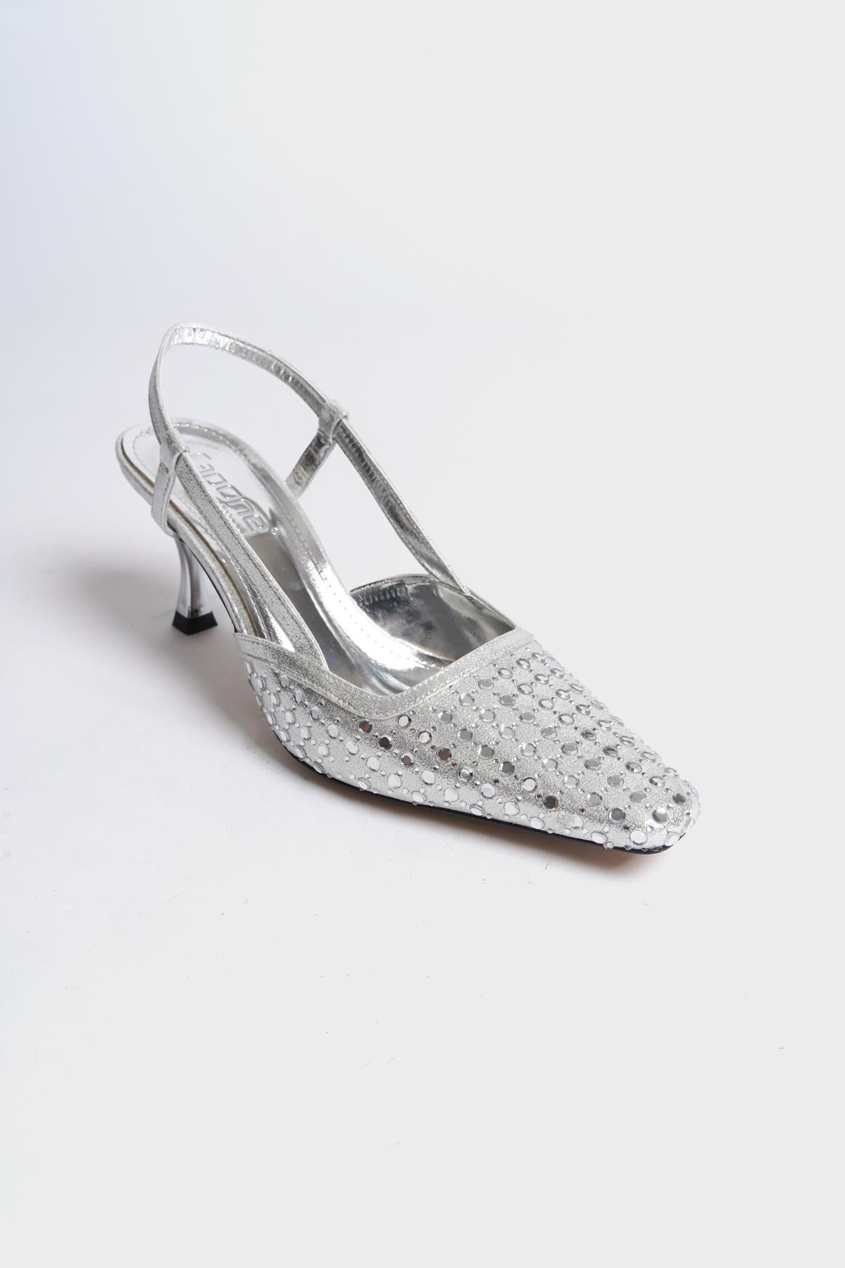 Capone Open Back Blunt Toe Crystal Embellished Mid Heeled Women Silver Shoes