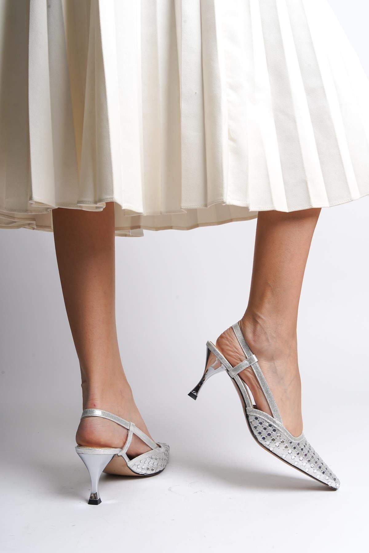 Capone Open Back Blunt Toe Crystal Embellished Mid Heeled Women Silver Shoes