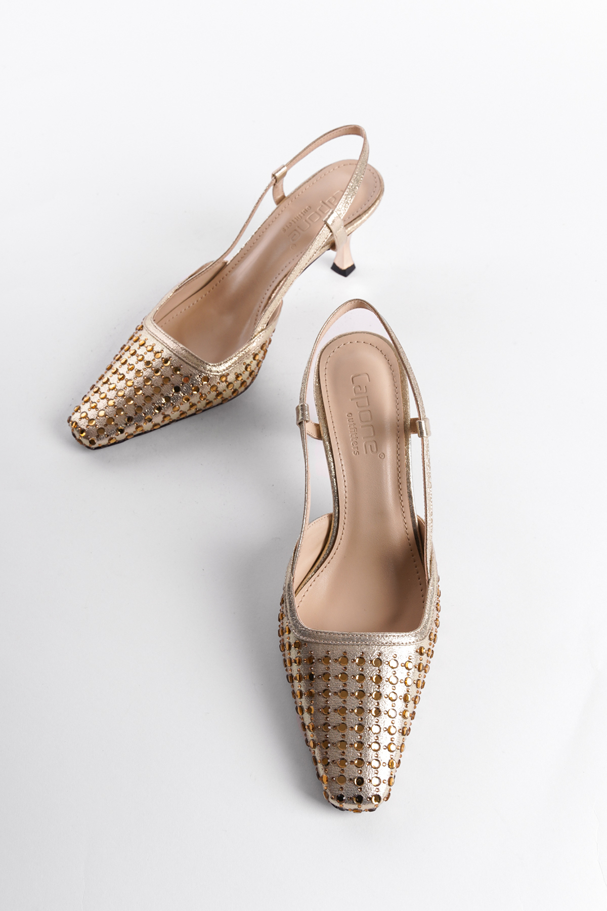 Capone Open Back Blunt Toe Crystal Embellished Mid Heeled Women Gold Shoes