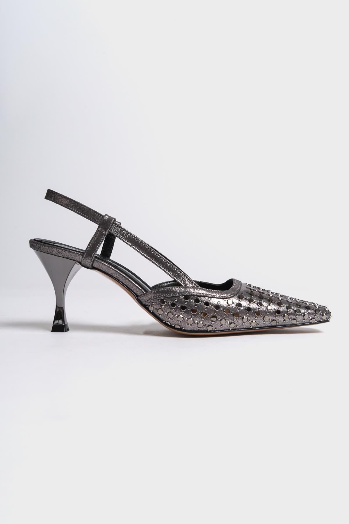 Capone Open Back Blunt Toe Crystal Embellished Mid Heeled Women Platinum Shoes