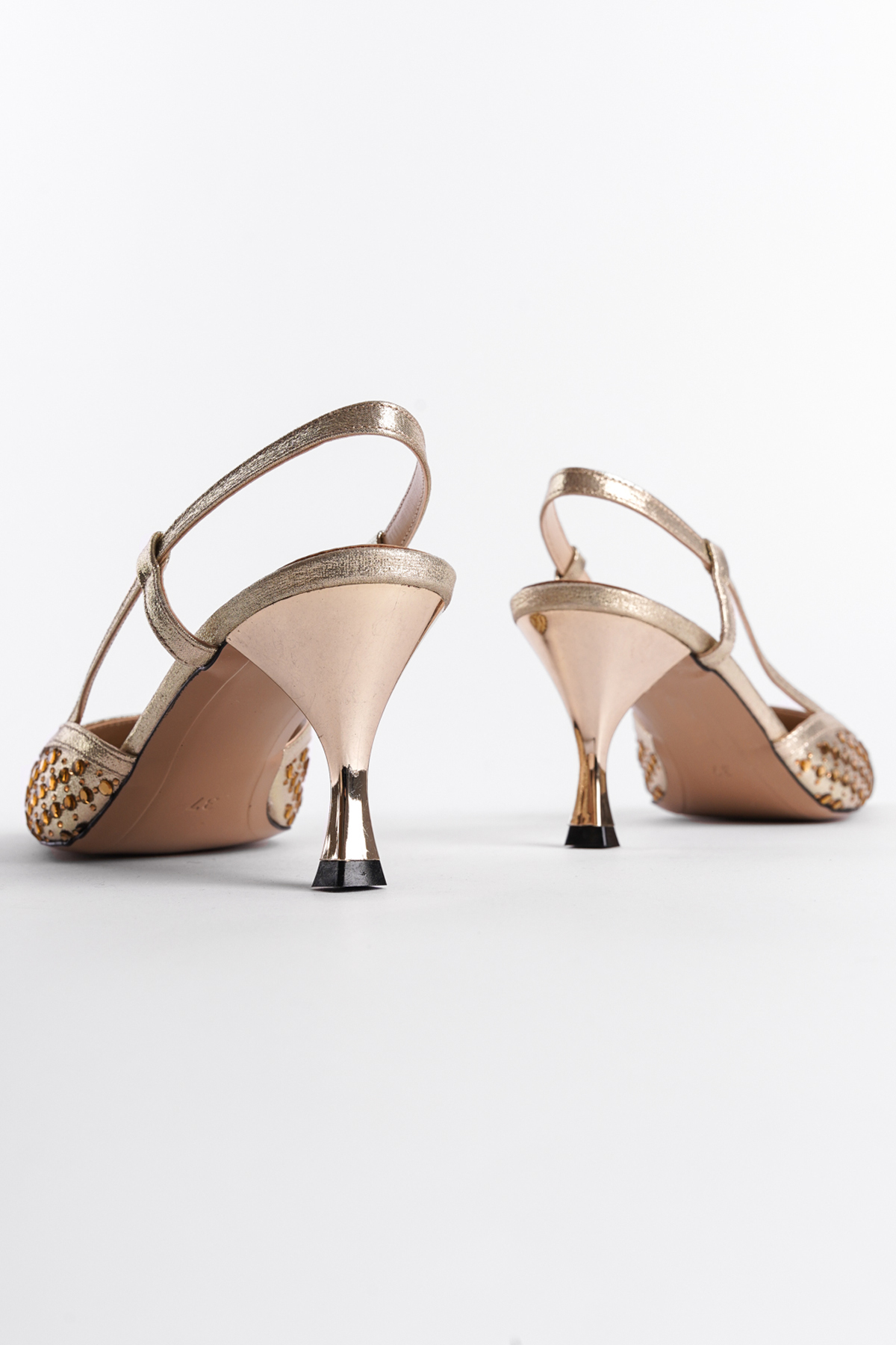 Capone Open Back Blunt Toe Crystal Embellished Mid Heeled Women Gold Shoes