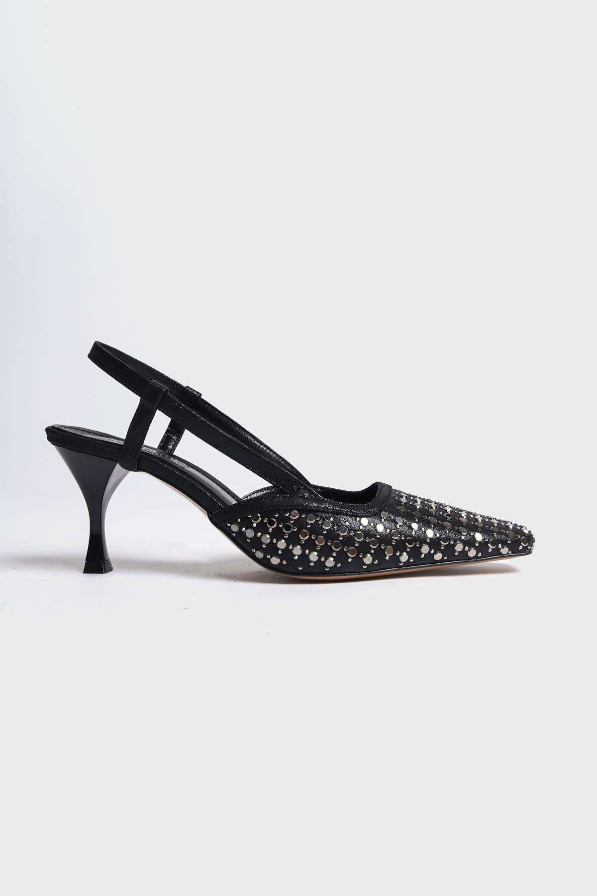 Capone Open Back Blunt Toe Crystal Embellished Mid Heeled Women Black Shoes
