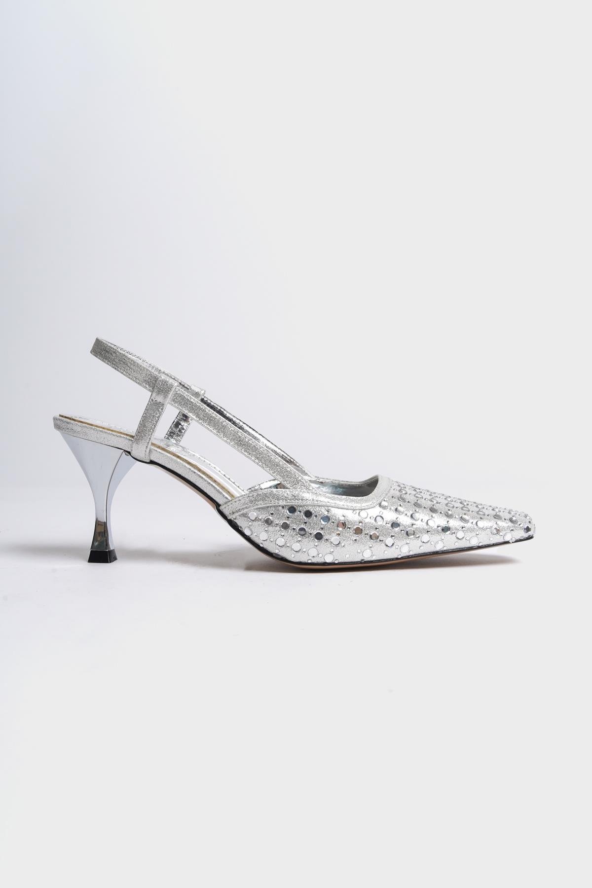 Capone Open Back Blunt Toe Crystal Embellished Mid Heeled Women Silver Shoes