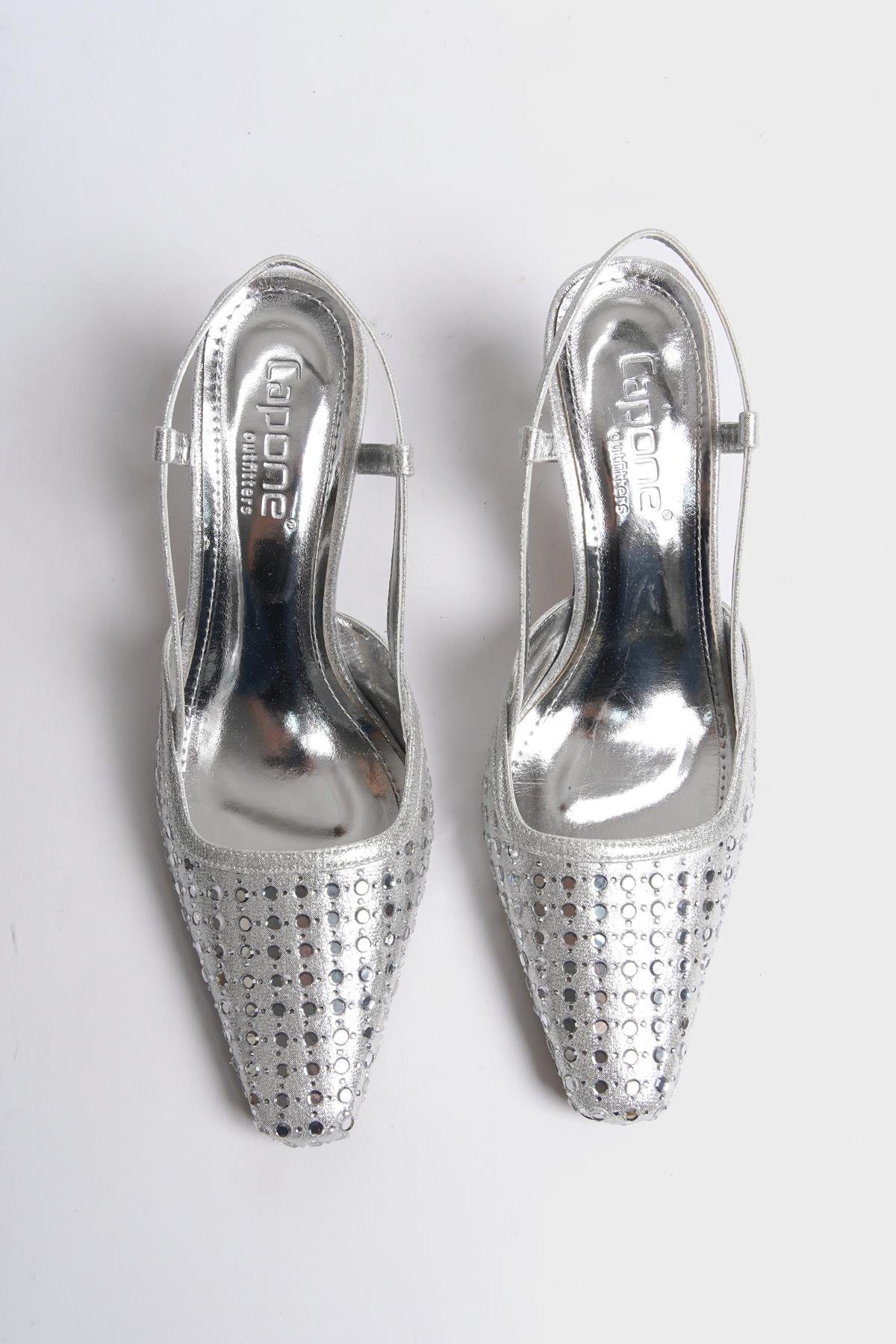 Capone Open Back Blunt Toe Crystal Embellished Mid Heeled Women Silver Shoes