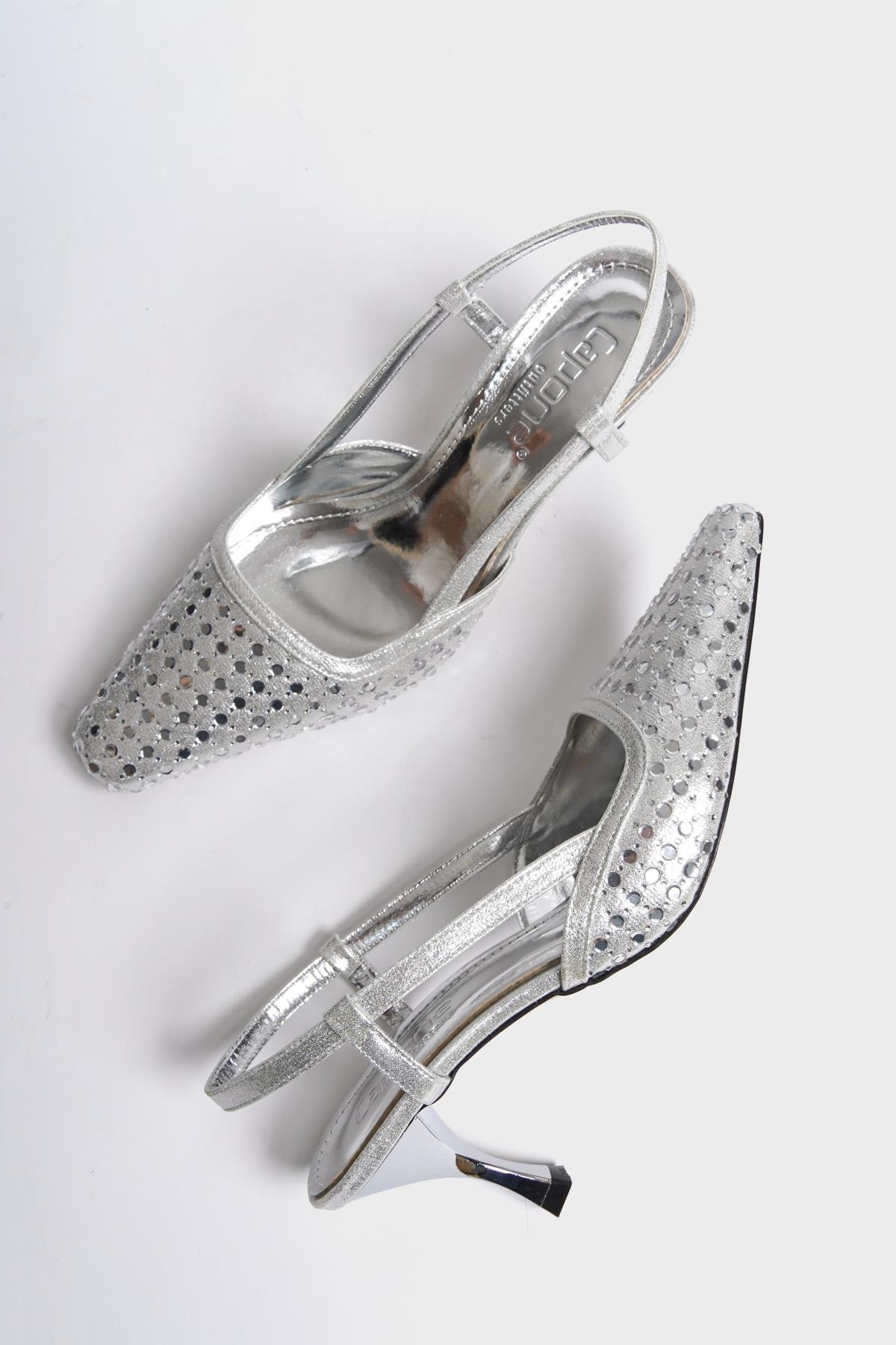 Capone Open Back Blunt Toe Crystal Embellished Mid Heeled Women Silver Shoes