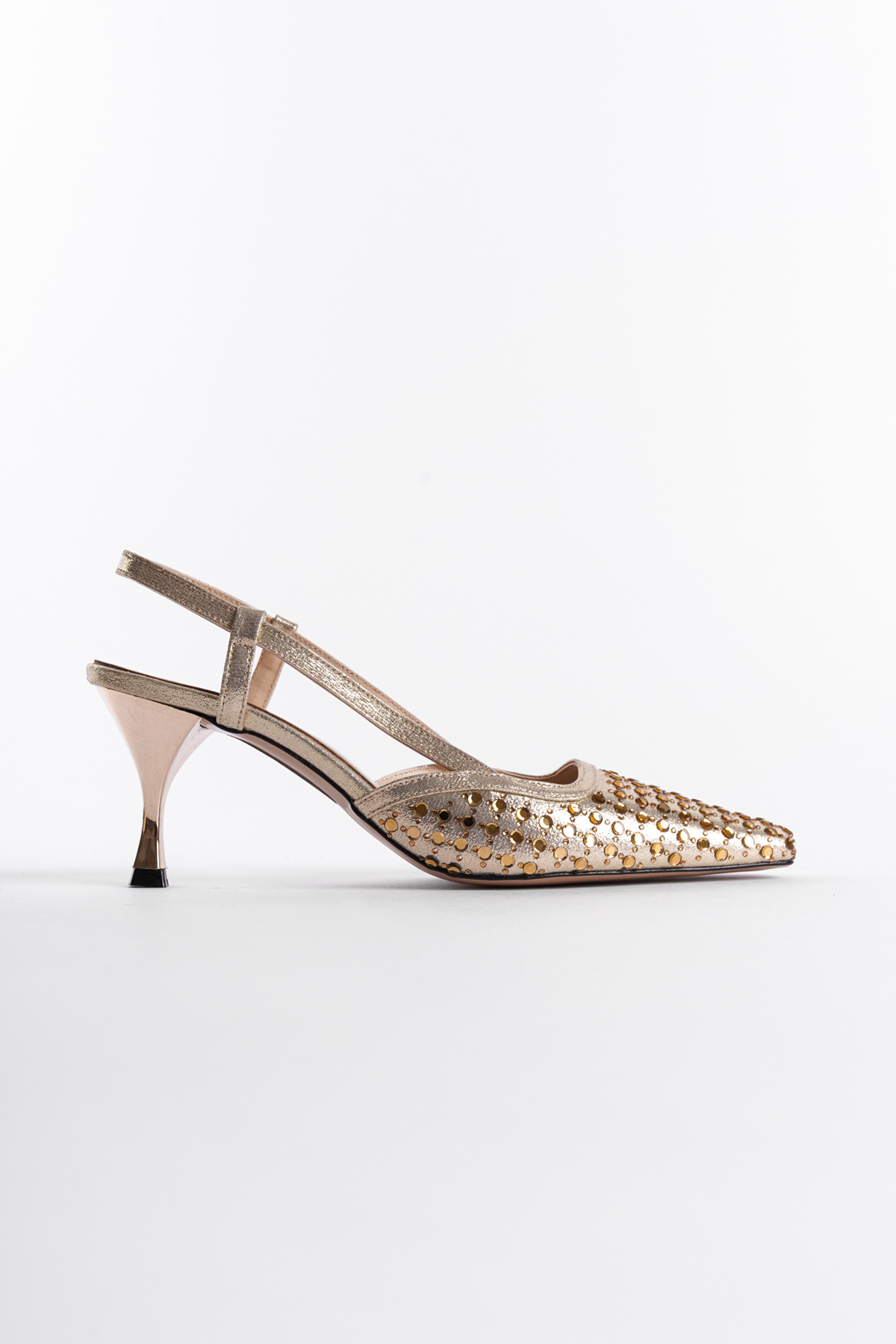 Capone Open Back Blunt Toe Crystal Embellished Mid Heeled Women Gold Shoes