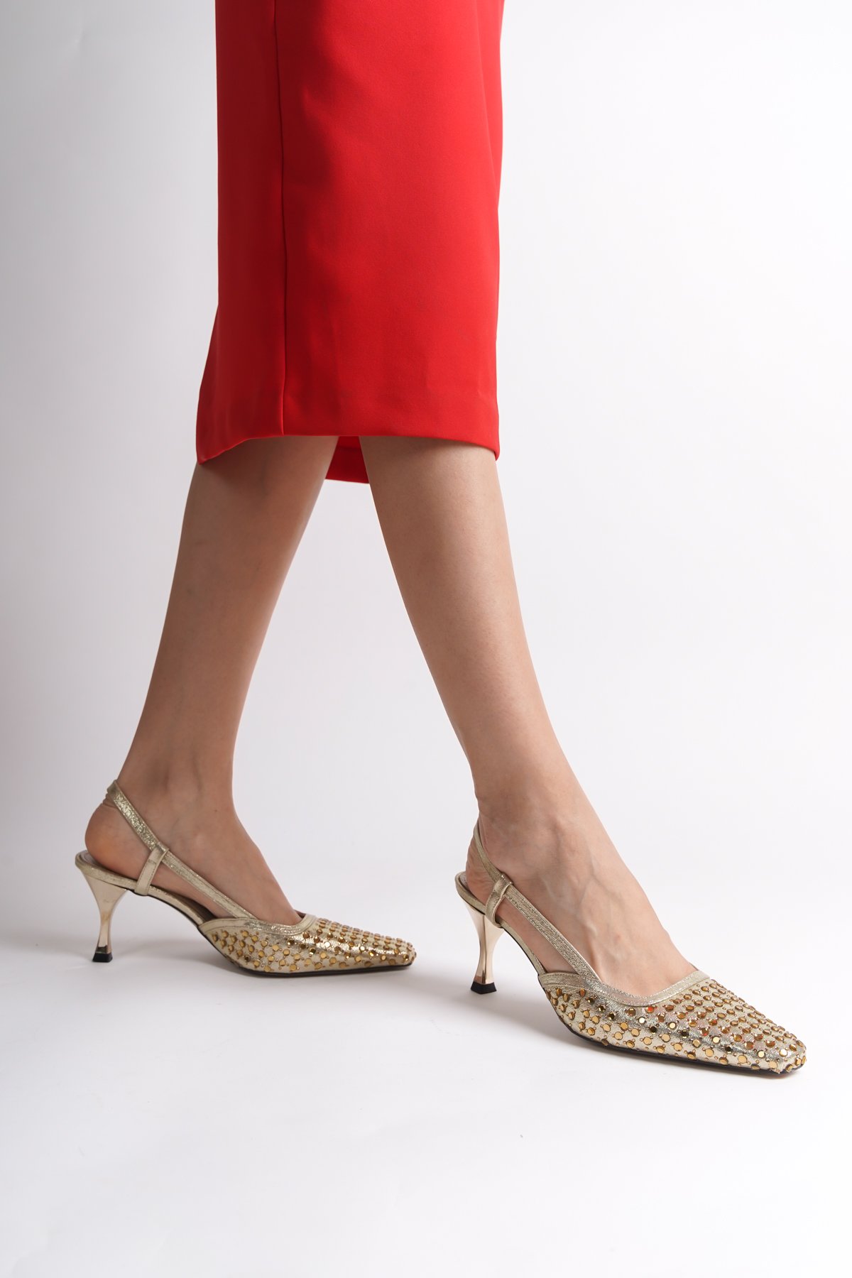 Capone Open Back Blunt Toe Crystal Embellished Mid Heeled Women Gold Shoes