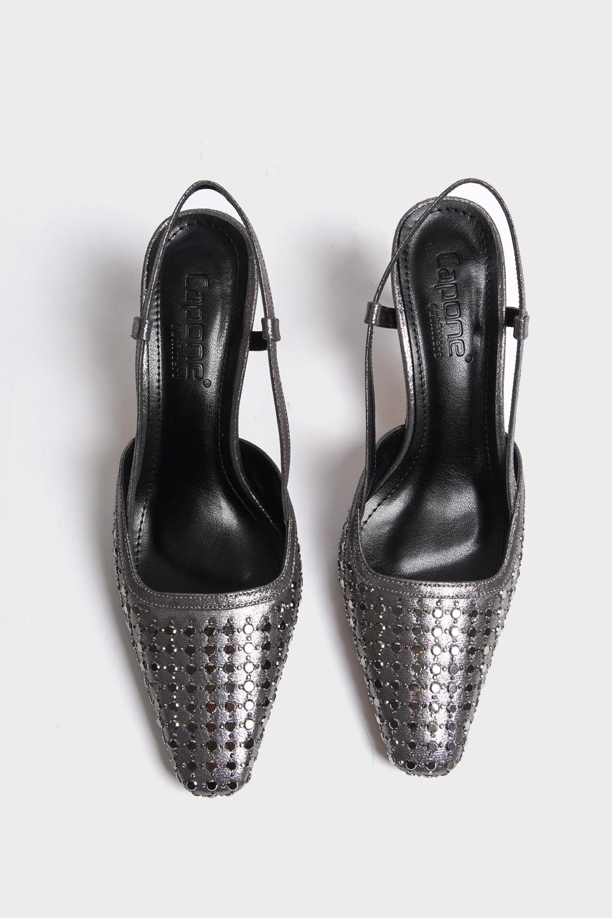 Capone Open Back Blunt Toe Crystal Embellished Mid Heeled Women Platinum Shoes