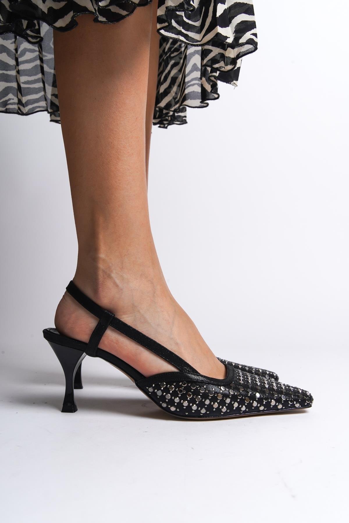 Capone Open Back Blunt Toe Crystal Embellished Mid Heeled Women Black Shoes