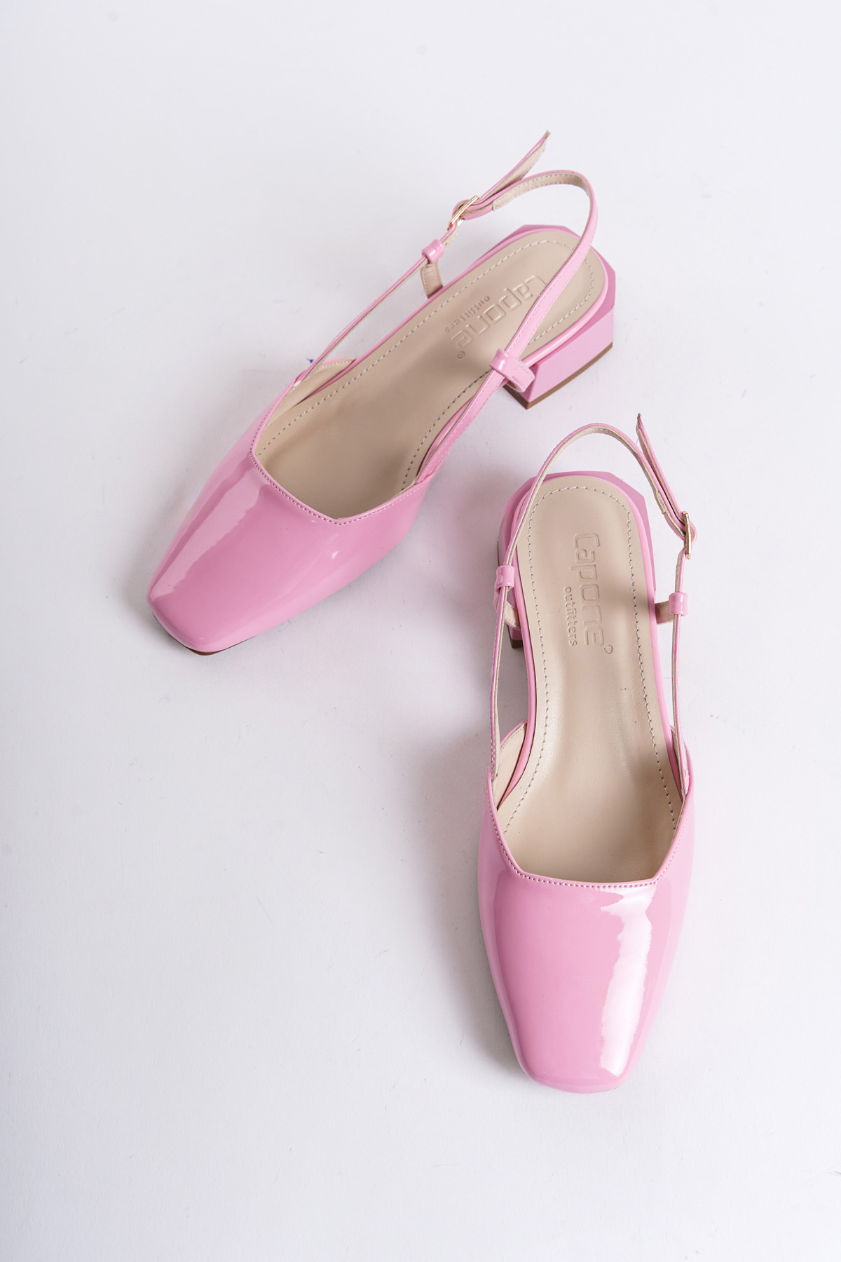 Capone Open Back Blunt Toe Thick Heeled Patent Leather Women Pink Shoes