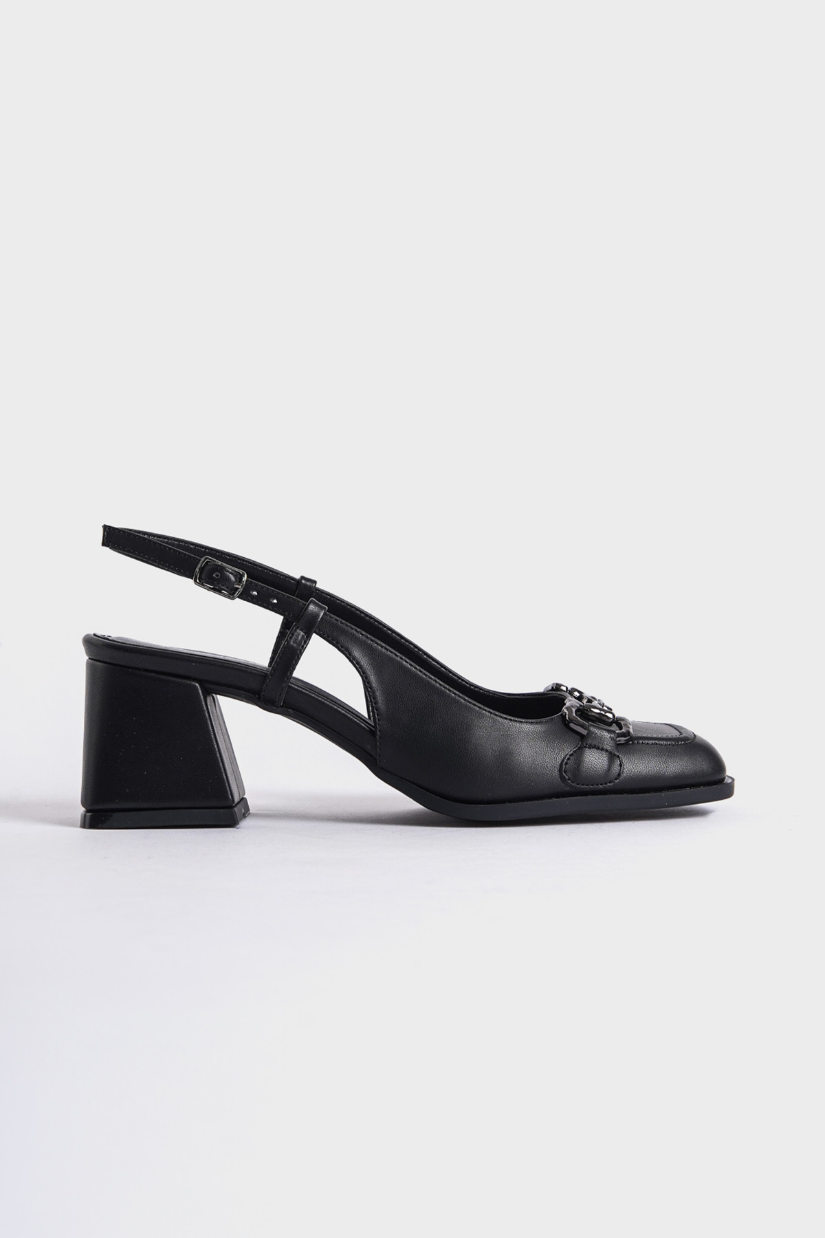 Capone Open Back Blunt Toe Thick Heeled Buckled Women Black Shoes