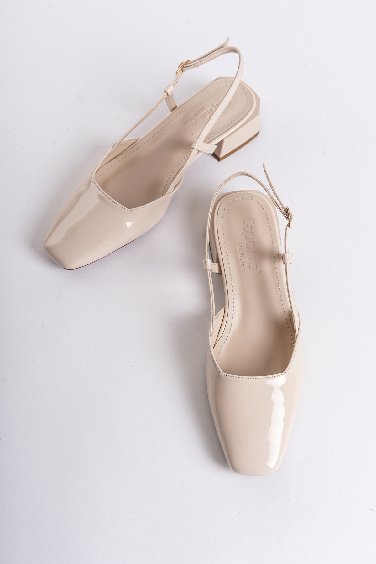 Capone Open Back Blunt Toe Thick Heeled Patent Leather Women Patent Ecru Shoes