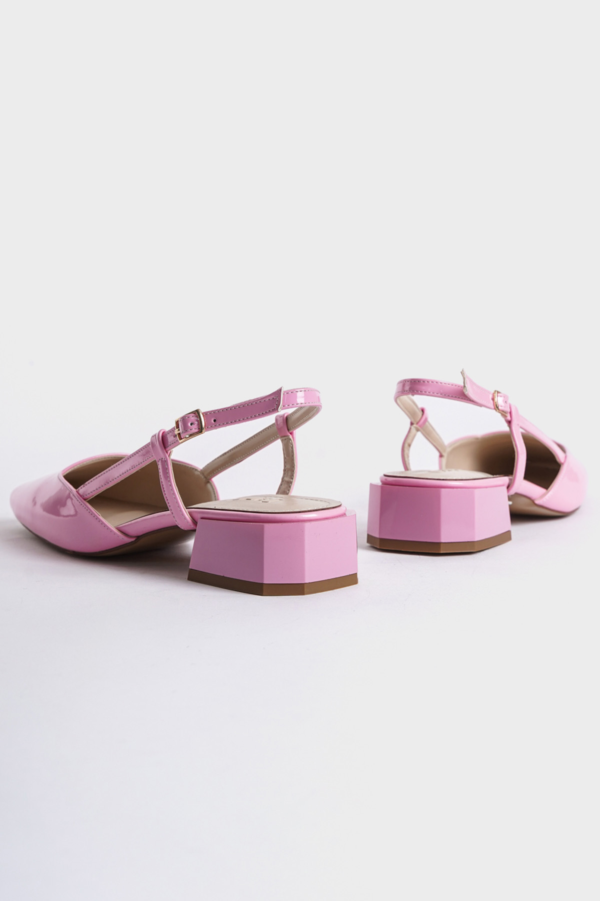 Capone Open Back Blunt Toe Thick Heeled Patent Leather Women Pink Shoes