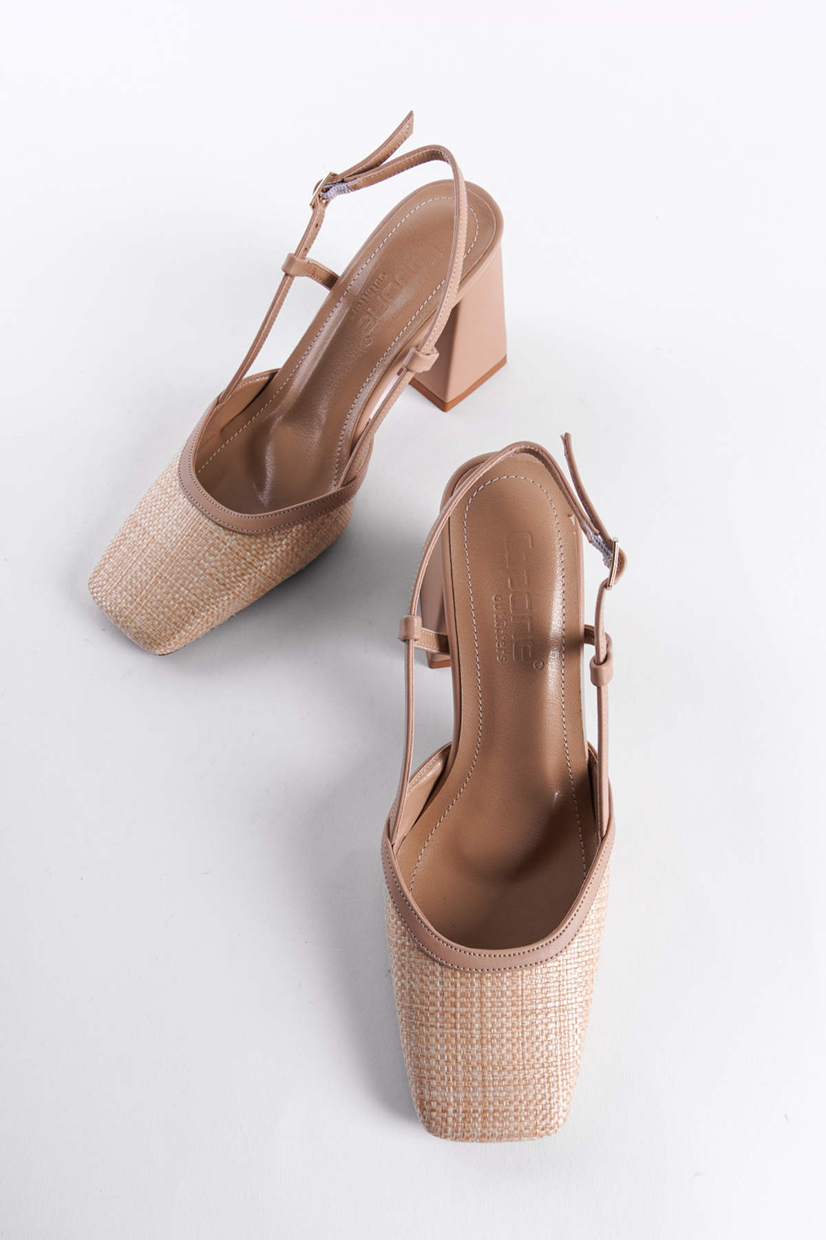 Capone Open Back Blunt Toe Thick Heeled Wicker Women Beige Shoes