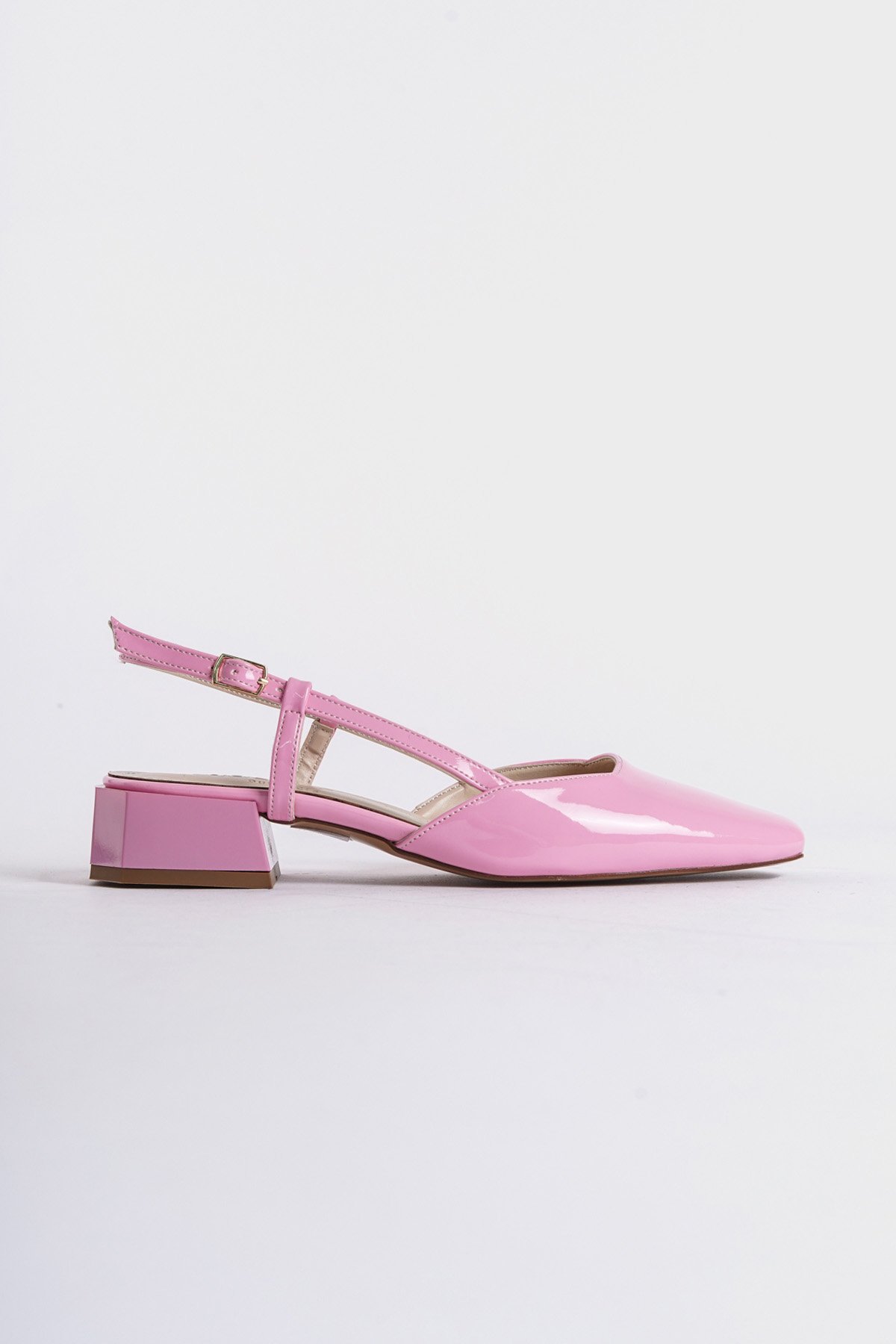 Capone Open Back Blunt Toe Thick Heeled Patent Leather Women Pink Shoes