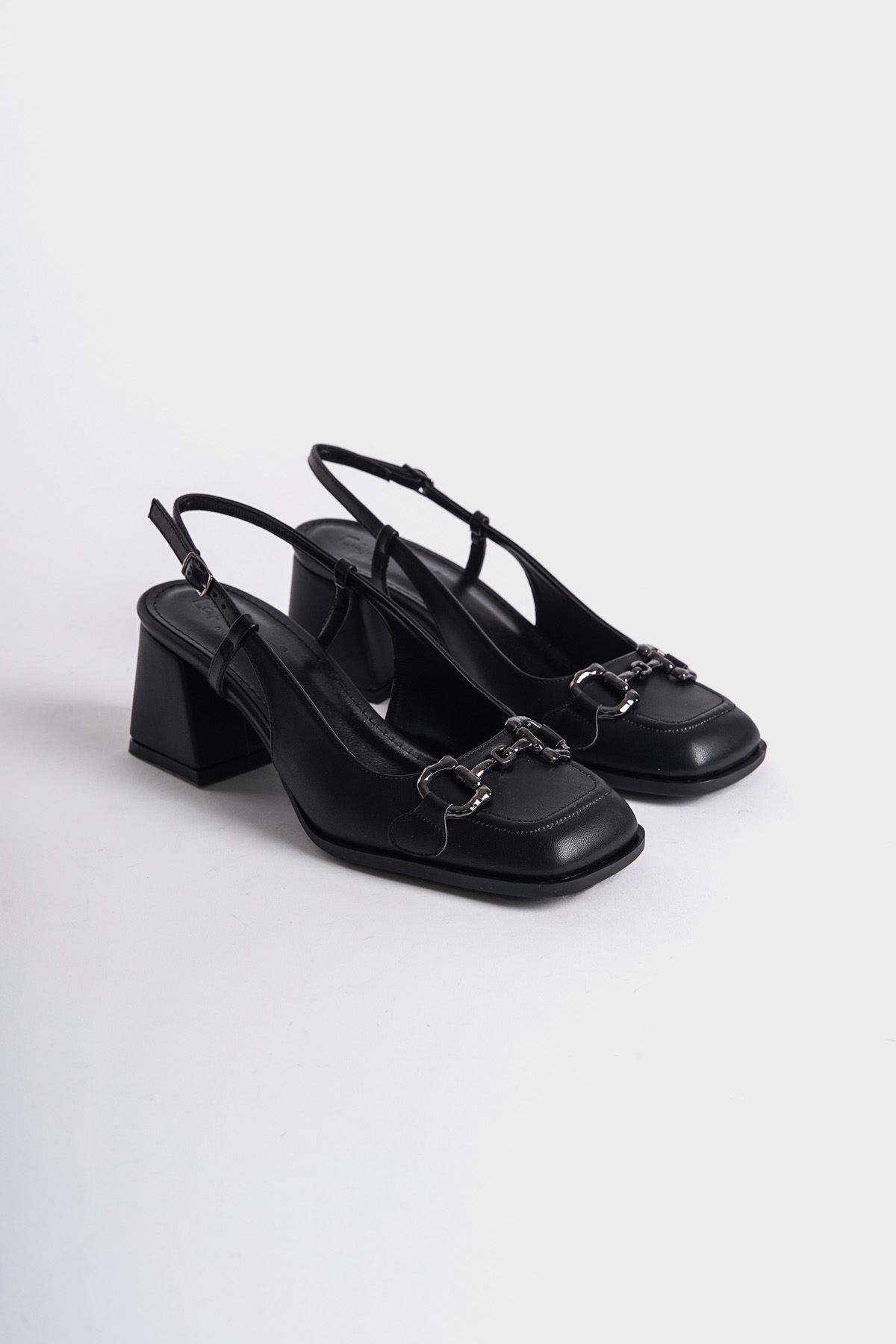 Capone Open Back Blunt Toe Thick Heeled Buckled Women Black Shoes