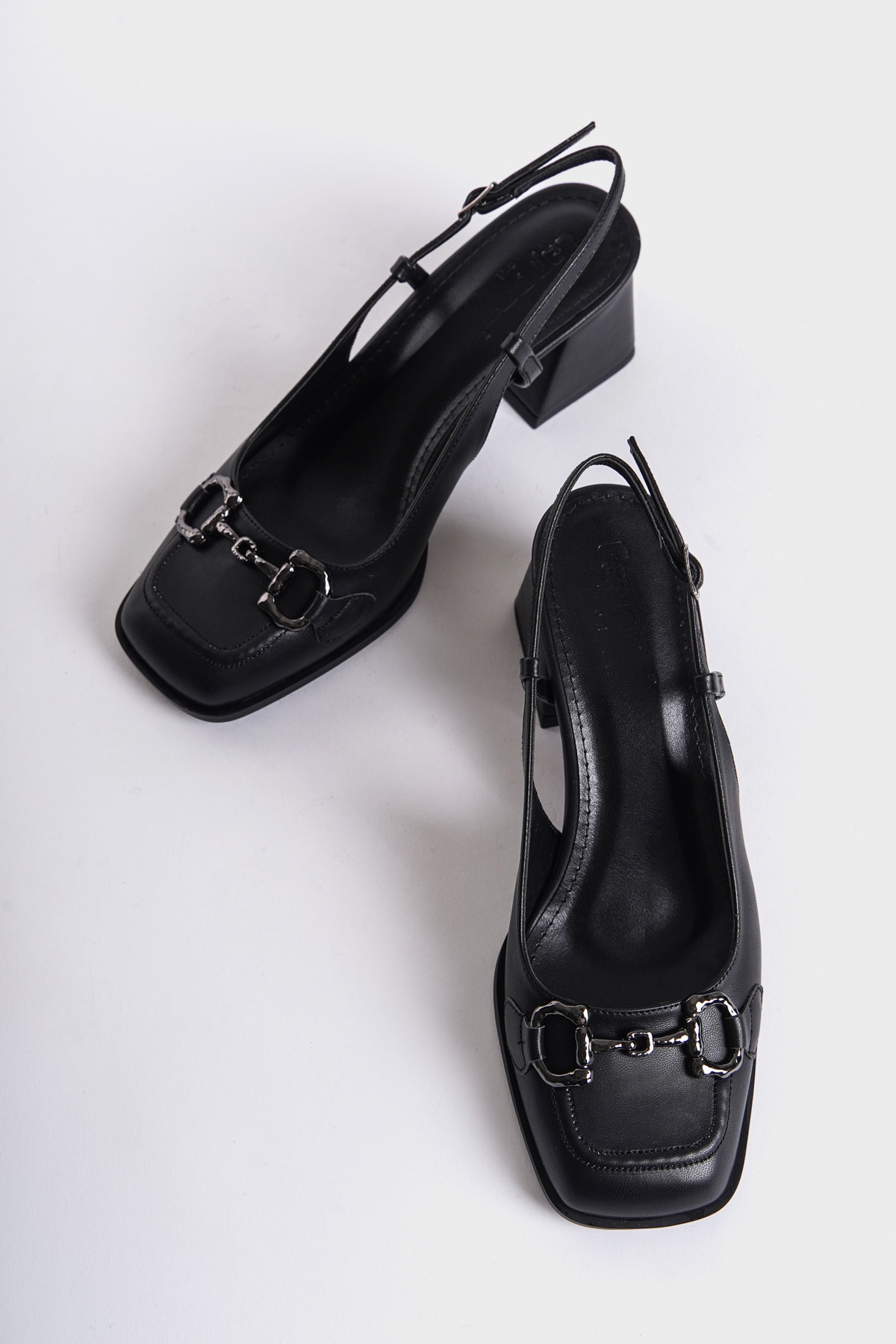 Capone Open Back Blunt Toe Thick Heeled Buckled Women Black Shoes