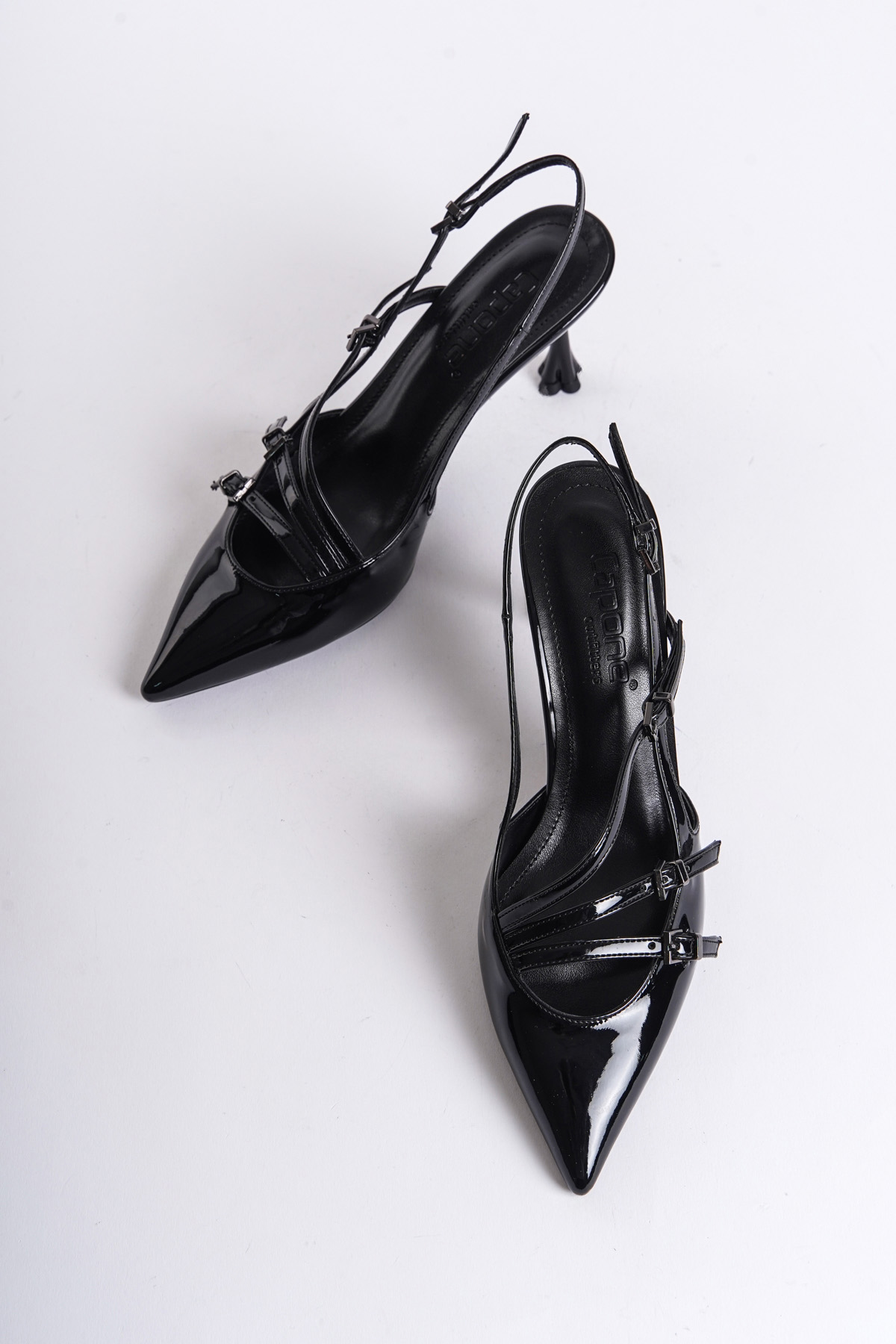 Capone Open Back Pointed Heeled Three-Striped Women Patent Black Shoes