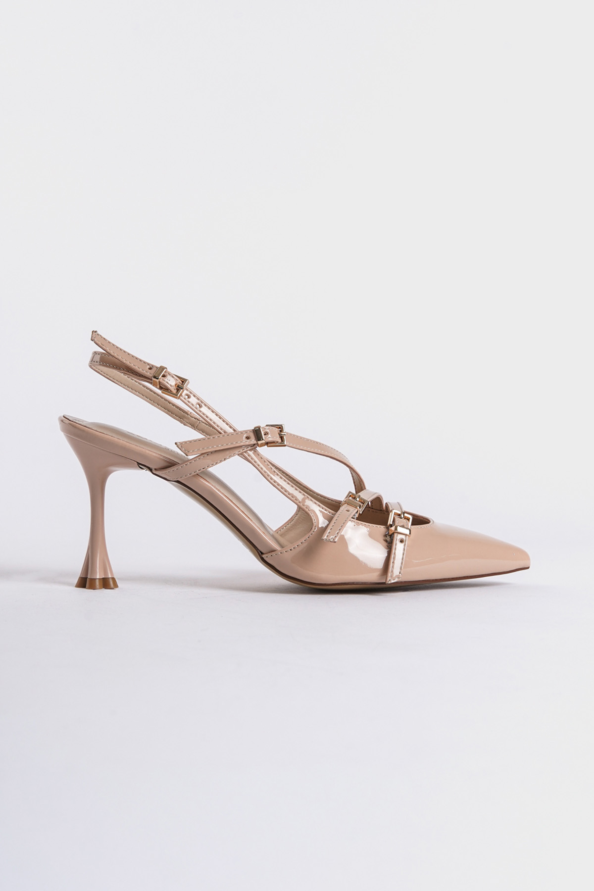 Capone Open Back Pointed Heeled Three-Striped Women Patent Beige Shoes