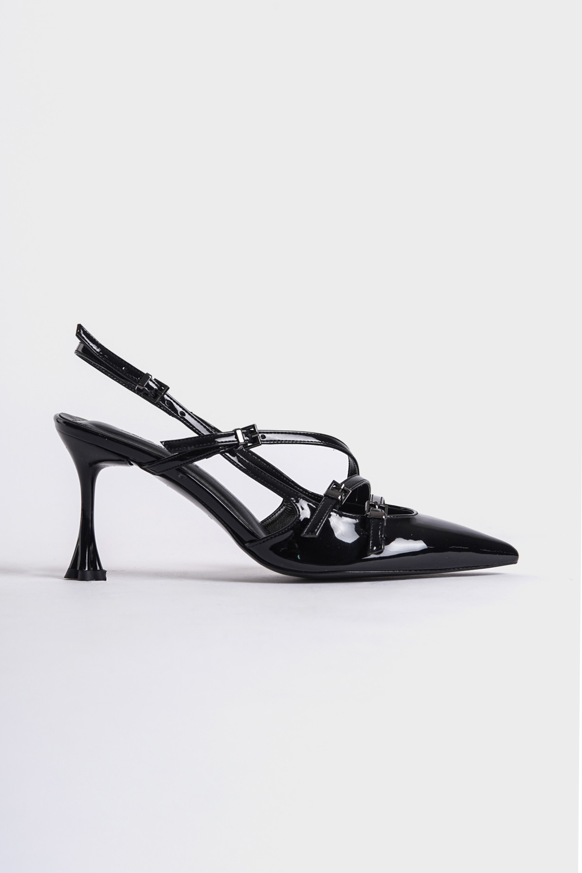 Capone Open Back Pointed Heeled Three-Striped Women Patent Black Shoes