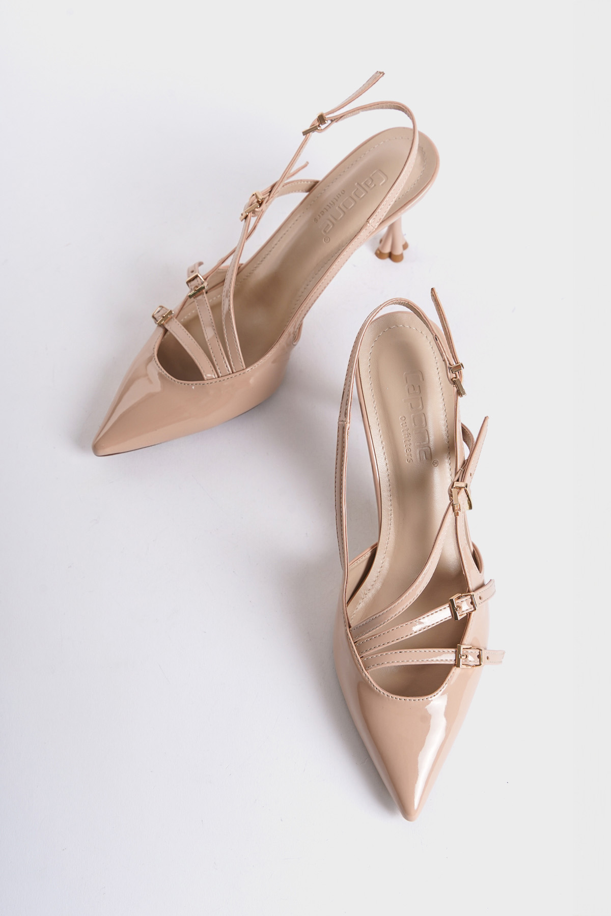 Capone Open Back Pointed Heeled Three-Striped Women Patent Beige Shoes