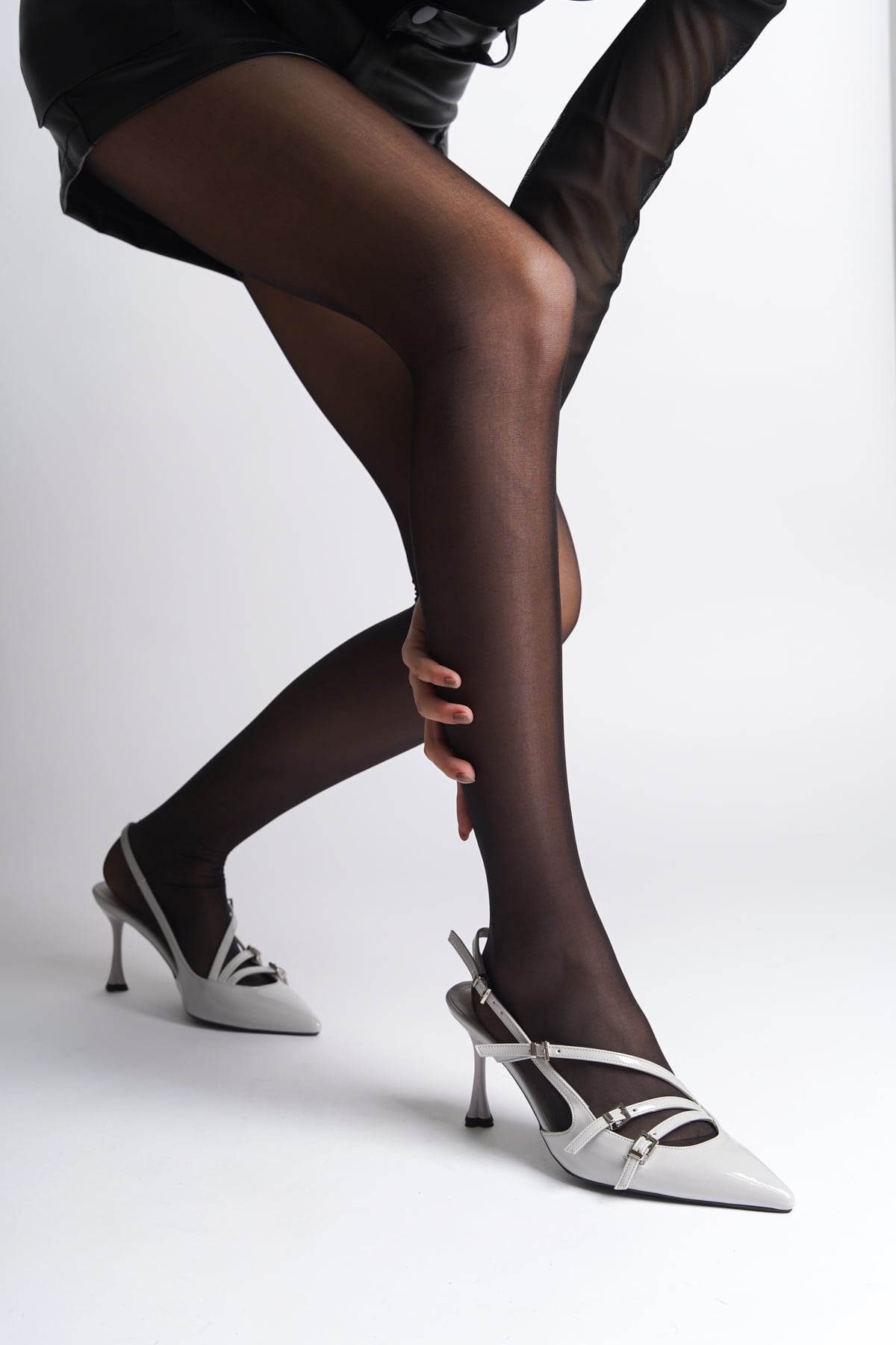 Capone Open Back Pointed Heeled Three-Striped Women Grey Shoes
