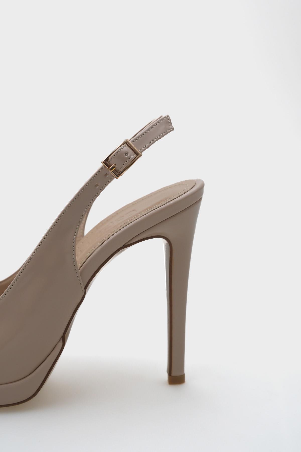 Capone Open Back Pointed Toe High Heeled Women Patent Beige Platform Shoes