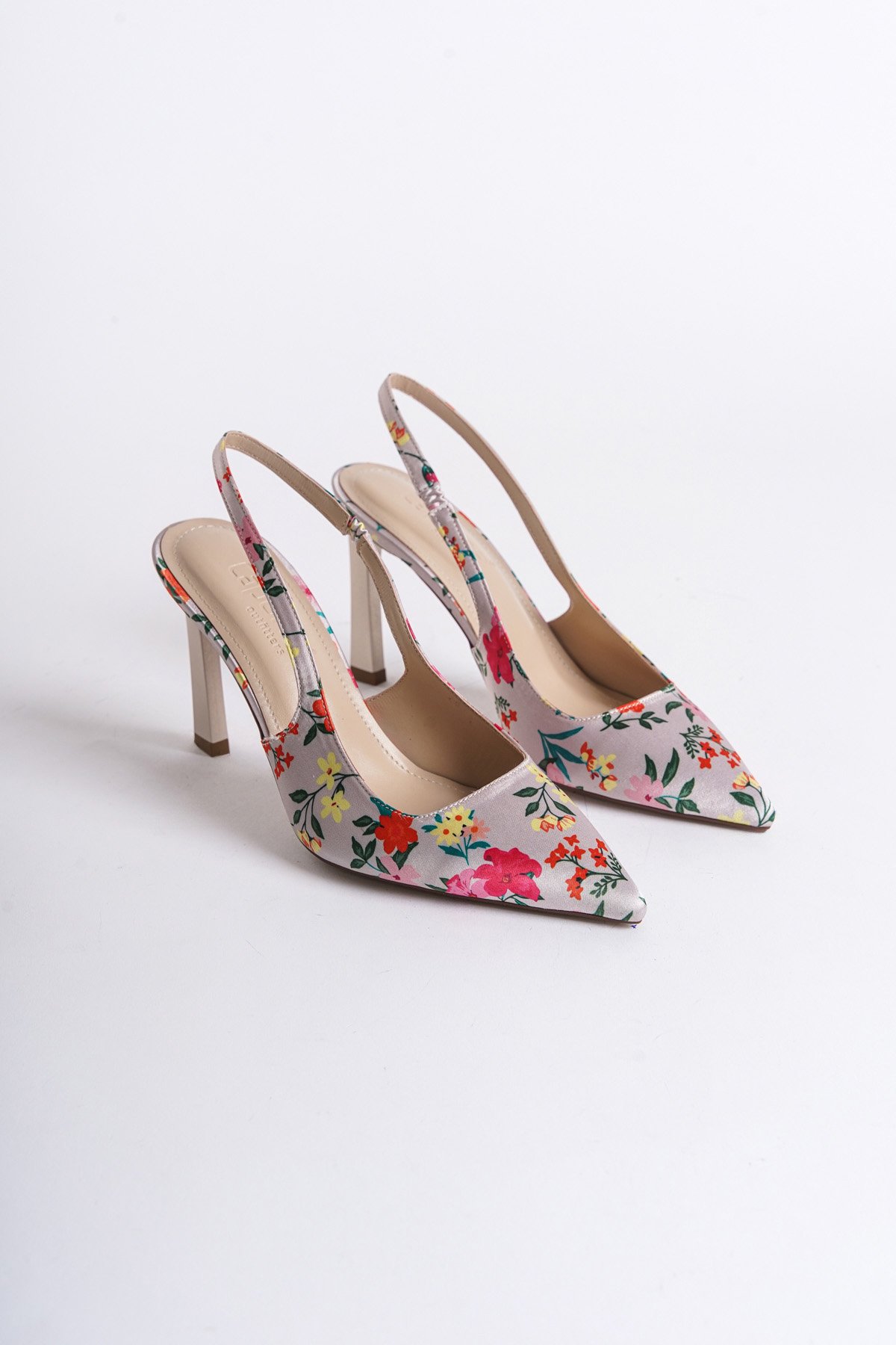 Capone Open Back Pointed Toe High Heeled Flower Patterned Women Beige Shoes