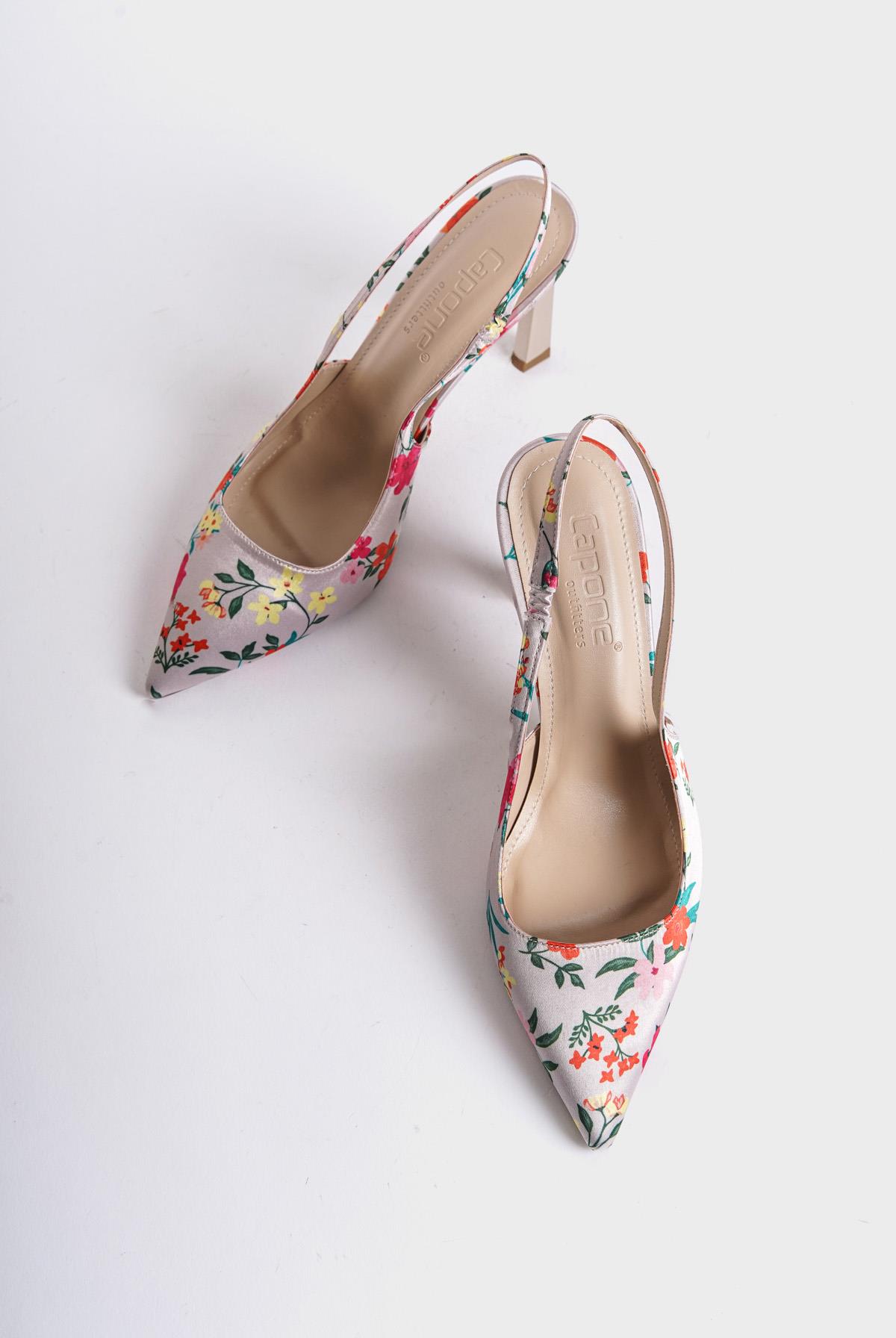 Capone Open Back Pointed Toe High Heeled Flower Patterned Women Beige Shoes