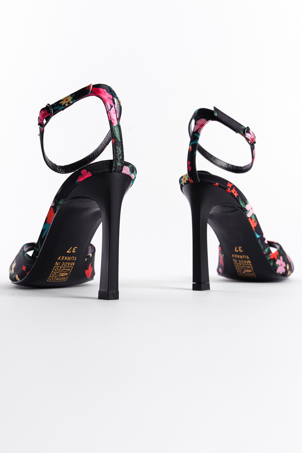 Capone Open Back Pointed Toe High Heeled Flower Patterned Women Black Shoes