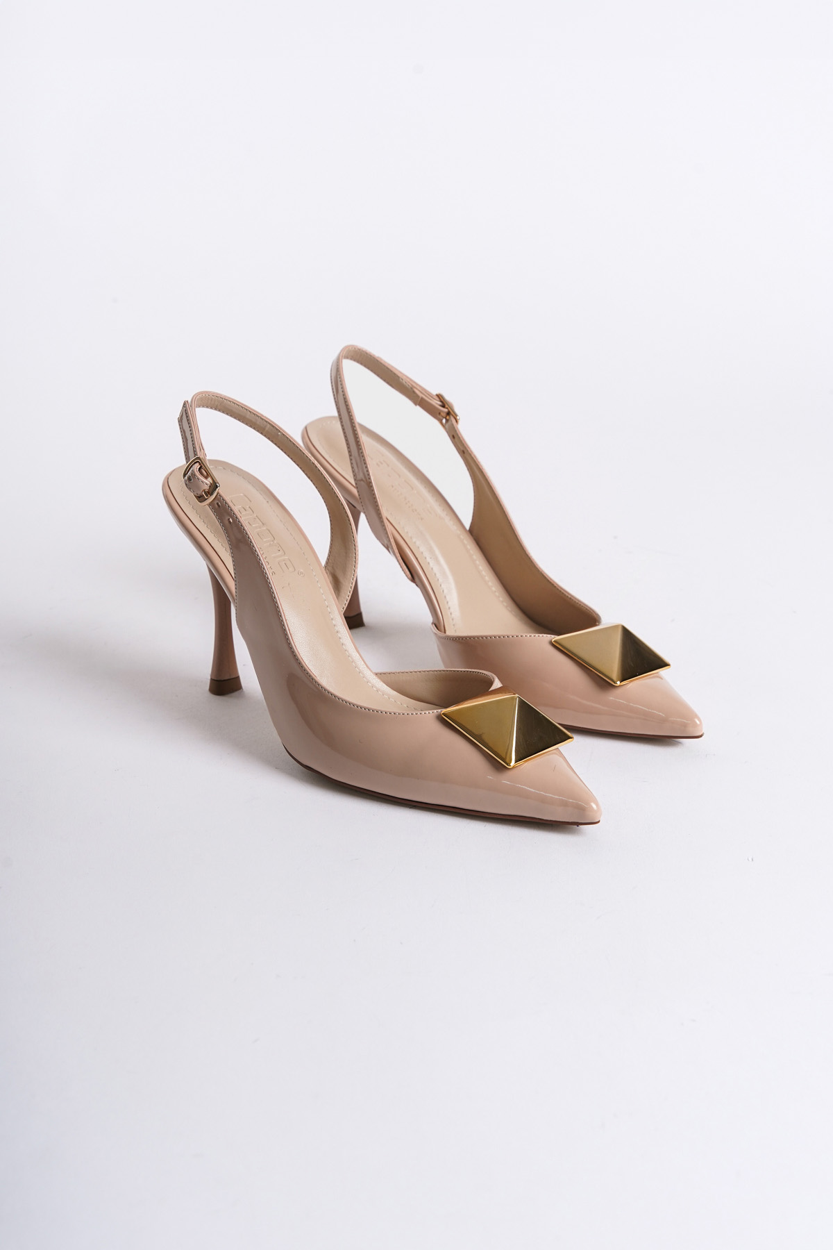 Capone Open Back Pointed Toe High Heel Buckle Women Patent Beige Shoes