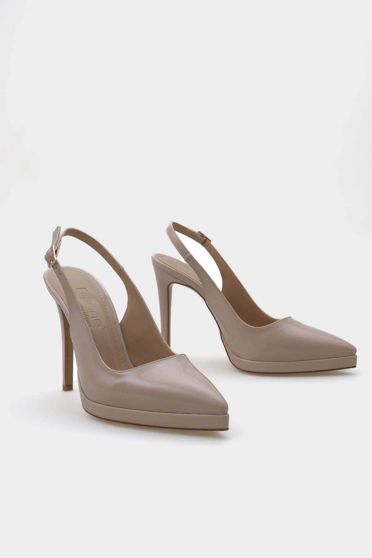 Capone Open Back Pointed Toe High Heeled Women Patent Beige Platform Shoes