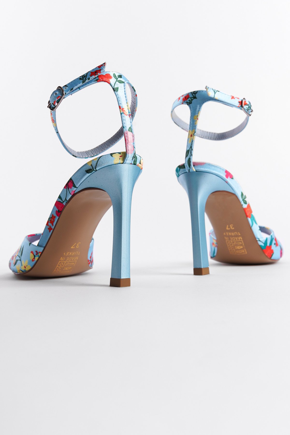 Capone Open Back Pointed Toe High Heeled Flower Patterned Women Blue Shoes