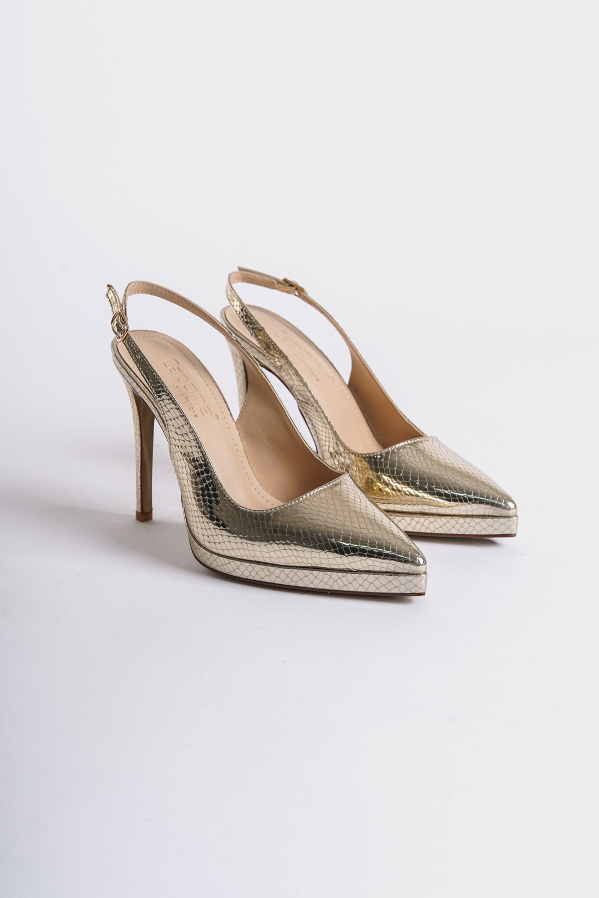 Capone Open Back Pointed Toe High Heeled Women Metallic Gold Platform Shoes