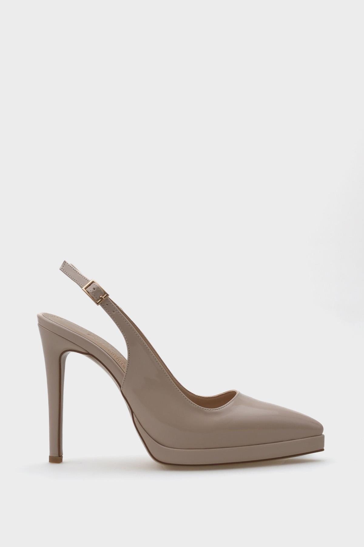 Capone Open Back Pointed Toe High Heeled Women Patent Beige Platform Shoes