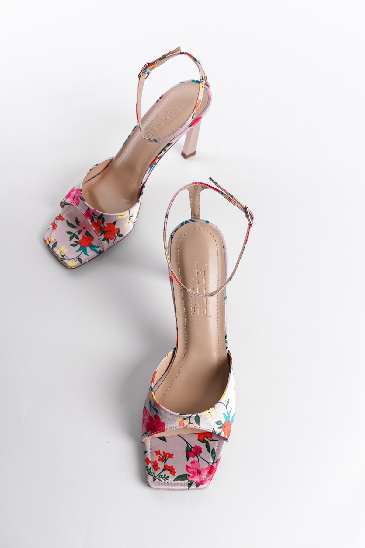 Capone Open Back Pointed Toe High Heeled Flower Patterned Women Beige Shoes