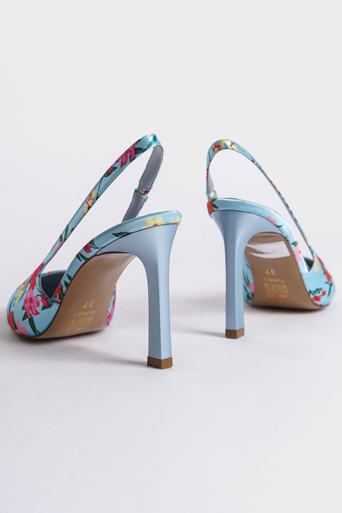 Capone Open Back Pointed Toe High Heeled Flower Patterned Women Blue Shoes