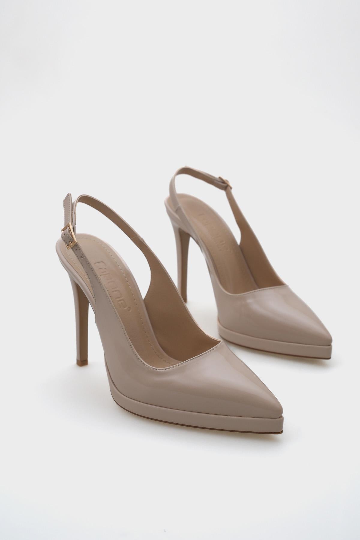 Capone Open Back Pointed Toe High Heeled Women Patent Beige Platform Shoes