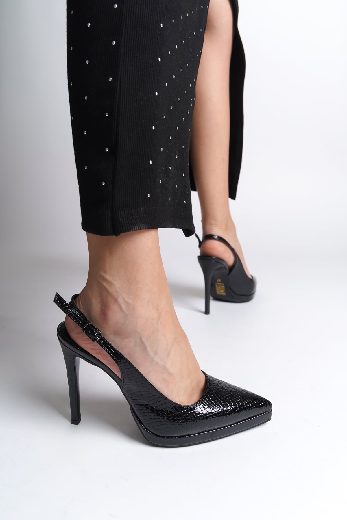 Capone Open Back Pointed Toe High Heeled Women Metallic Black Platform Shoes