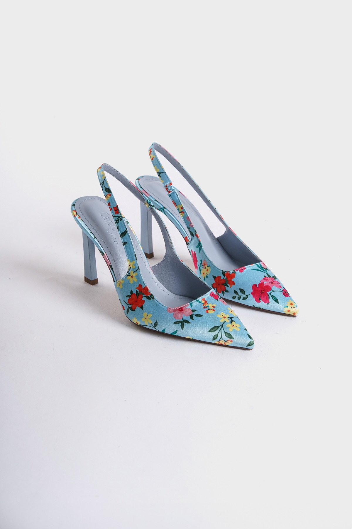 Capone Open Back Pointed Toe High Heeled Flower Patterned Women Blue Shoes