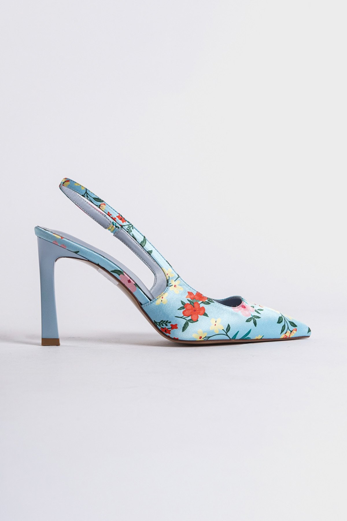 Capone Open Back Pointed Toe High Heeled Flower Patterned Women Blue Shoes