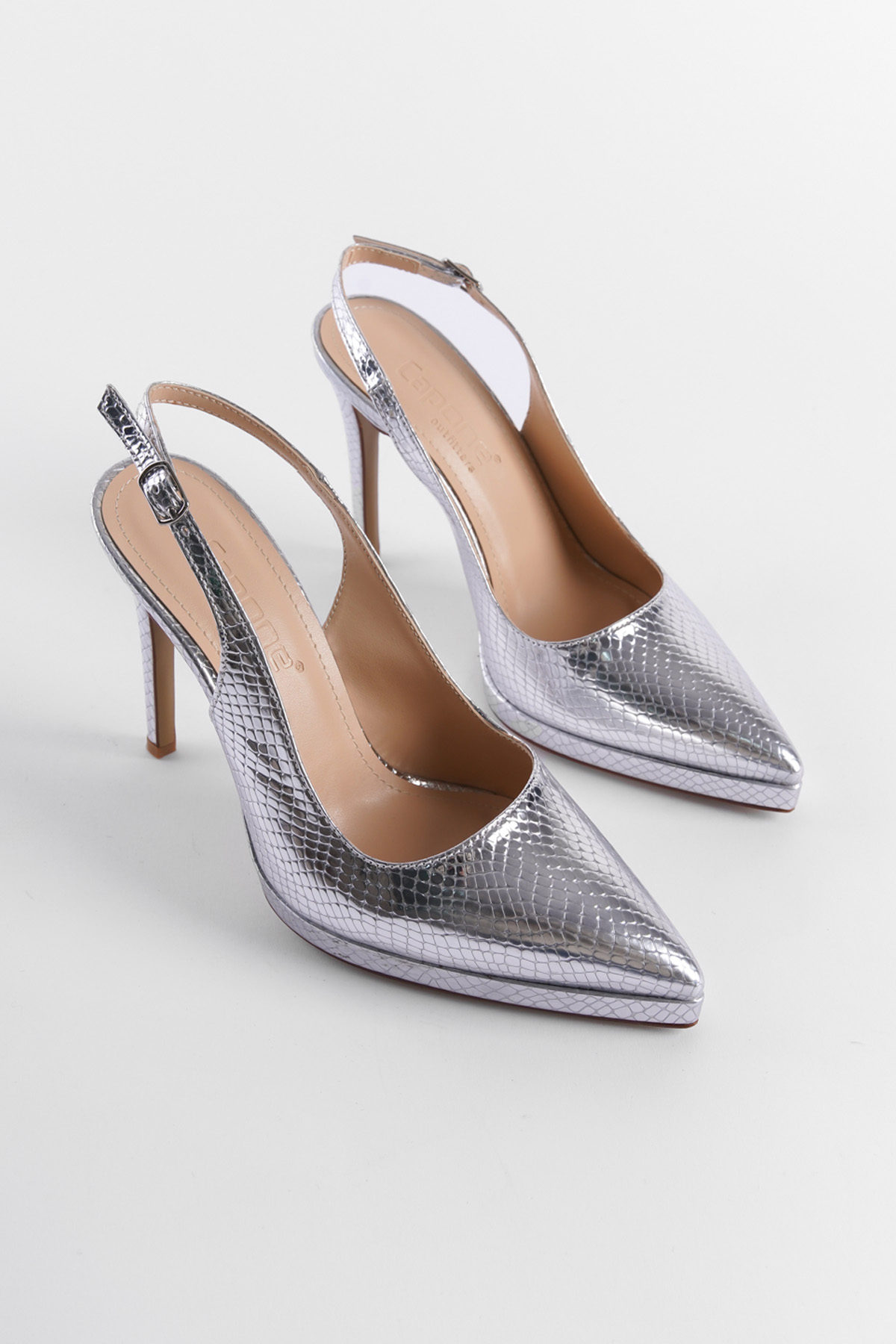 Capone Open Back Pointed Toe High Heeled Women Metallic Silver Platform Shoes