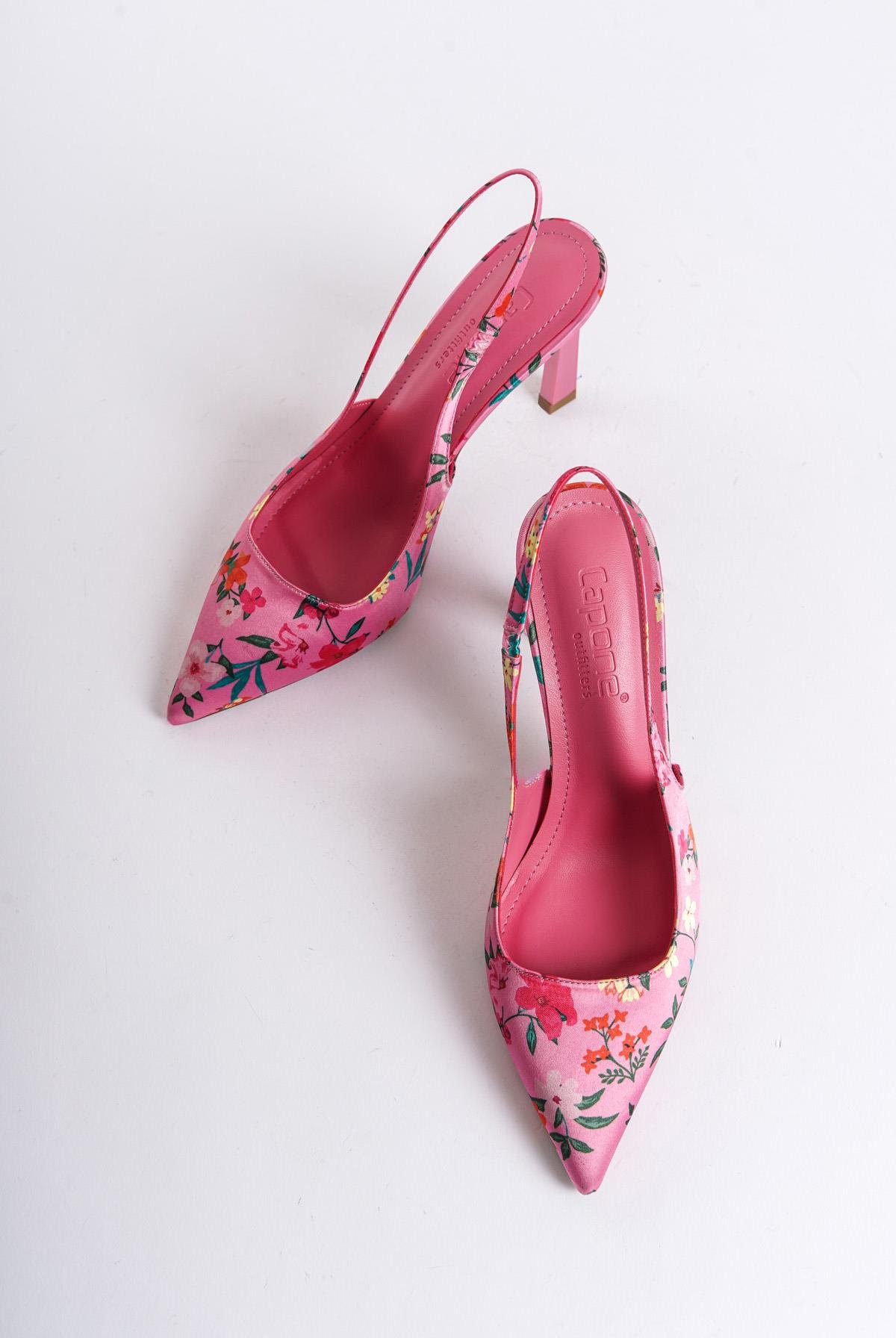 Capone Open Back Pointed Toe High Heeled Flower Patterned Women Fuchsia Shoes