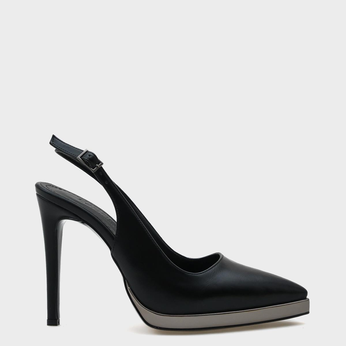 Capone Open Back Pointed Toe High Heeled Women Black Platinum Platform Shoes