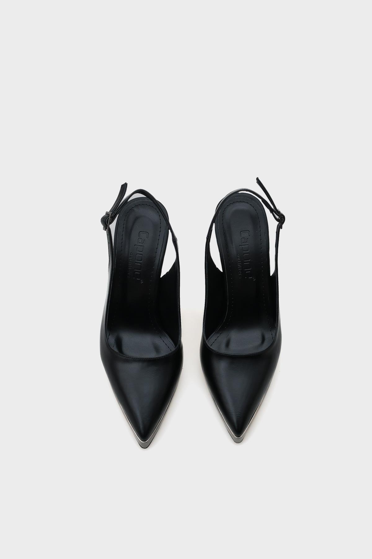 Capone Open Back Pointed Toe High Heeled Women Black Platinum Platform Shoes