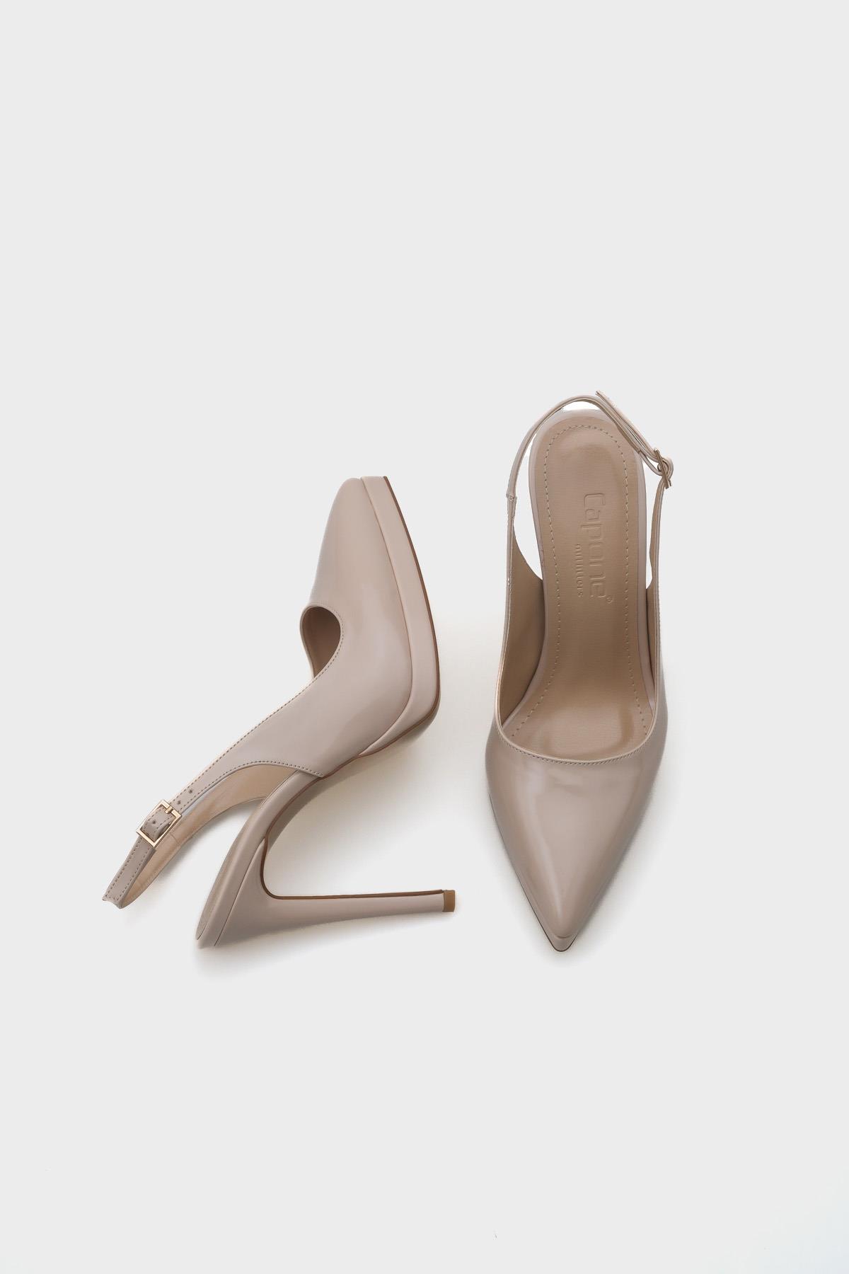 Capone Open Back Pointed Toe High Heeled Women Patent Beige Platform Shoes