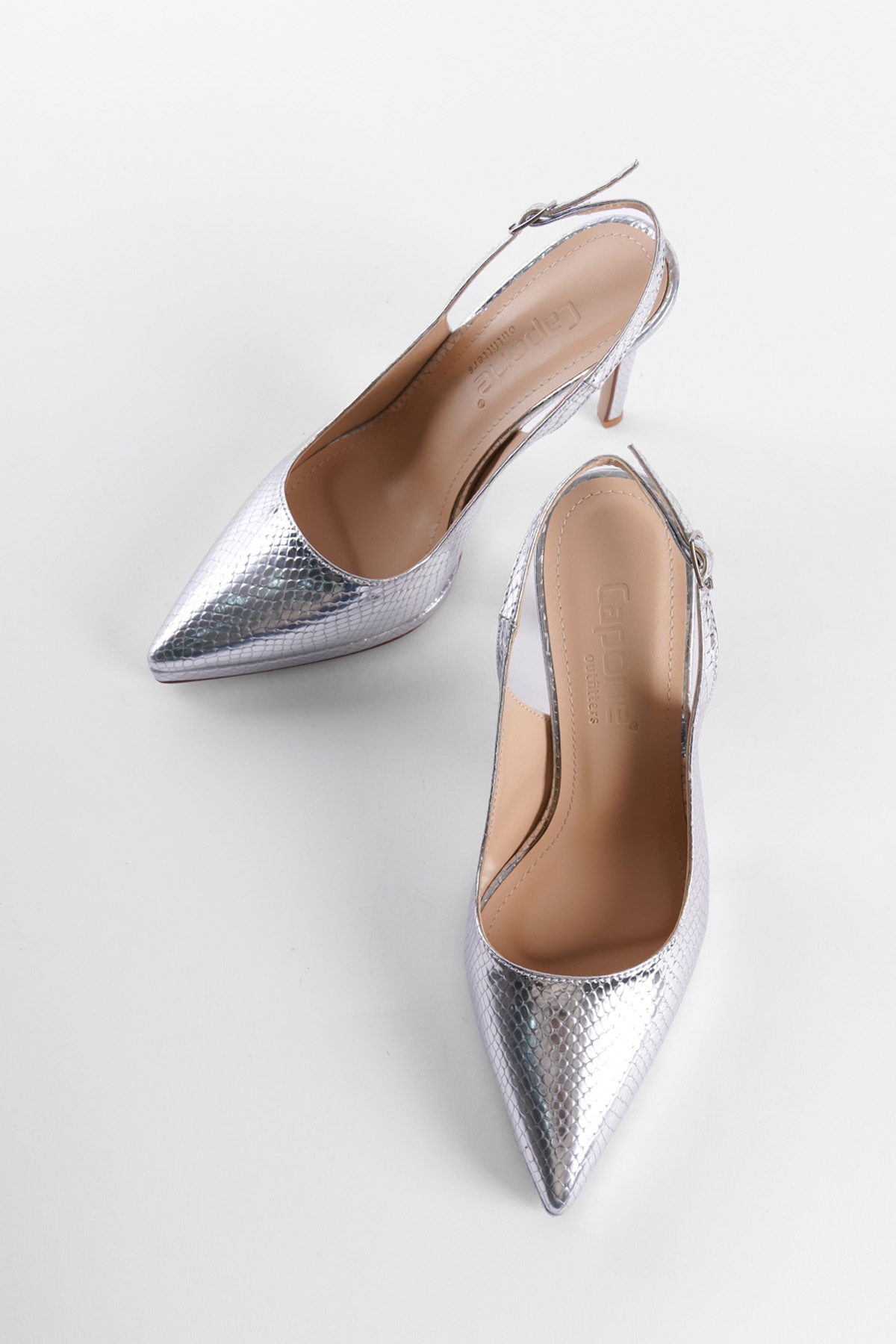 Capone Open Back Pointed Toe High Heeled Women Metallic Silver Platform Shoes